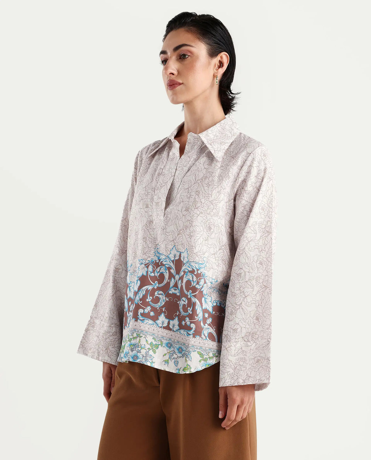 Rareism Women's Fofianie Light Brown Cotton Blend Drop Collar Abstract Print Bell Sleeve Regular Fit Top