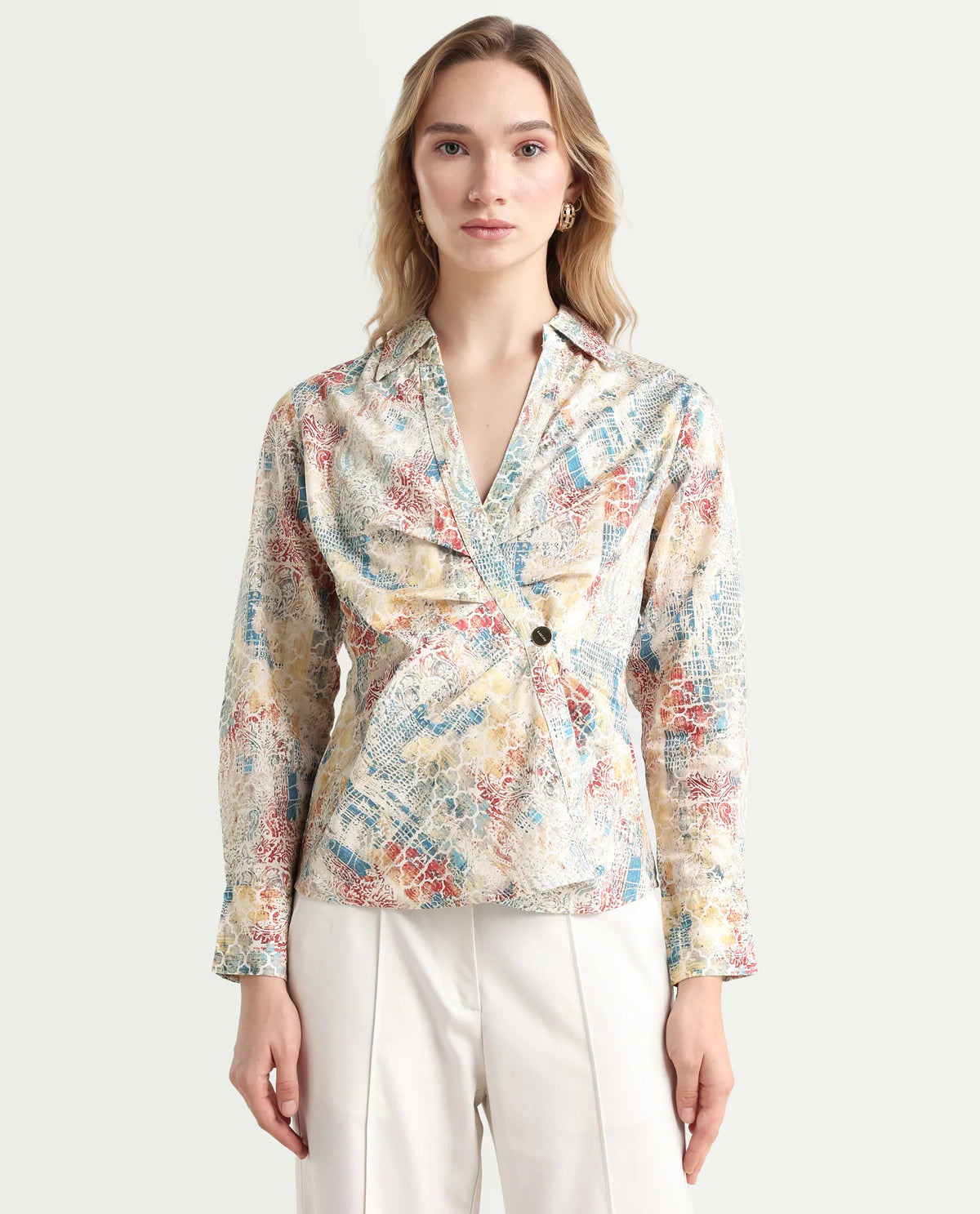 Rareism Women's Foggia Light Multi Cotton Blend Johnny Collar Abstract Print Regular Fit Top