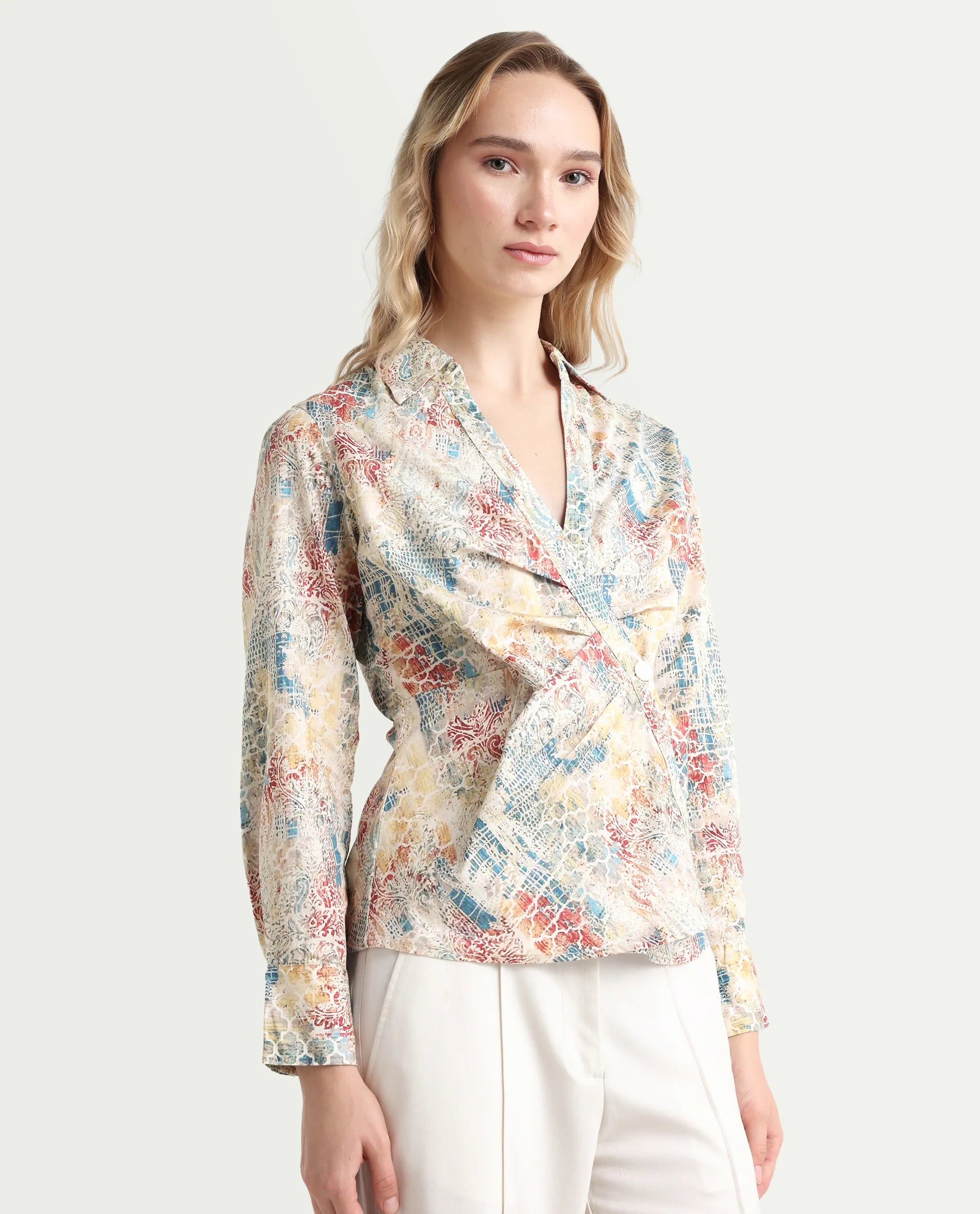 Rareism Women's Foggia Light Multi Cotton Blend Johnny Collar Abstract Print Regular Fit Top