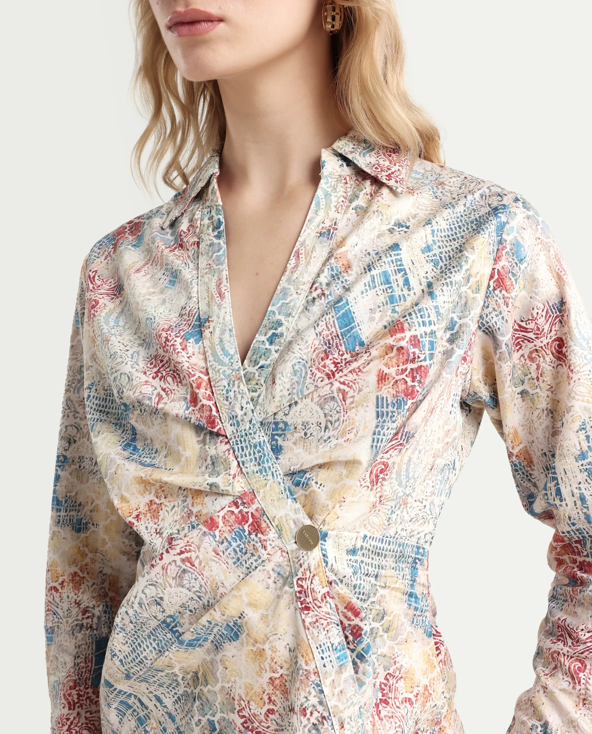 Rareism Women's Foggia Light Multi Cotton Blend Johnny Collar Abstract Print Regular Fit Top