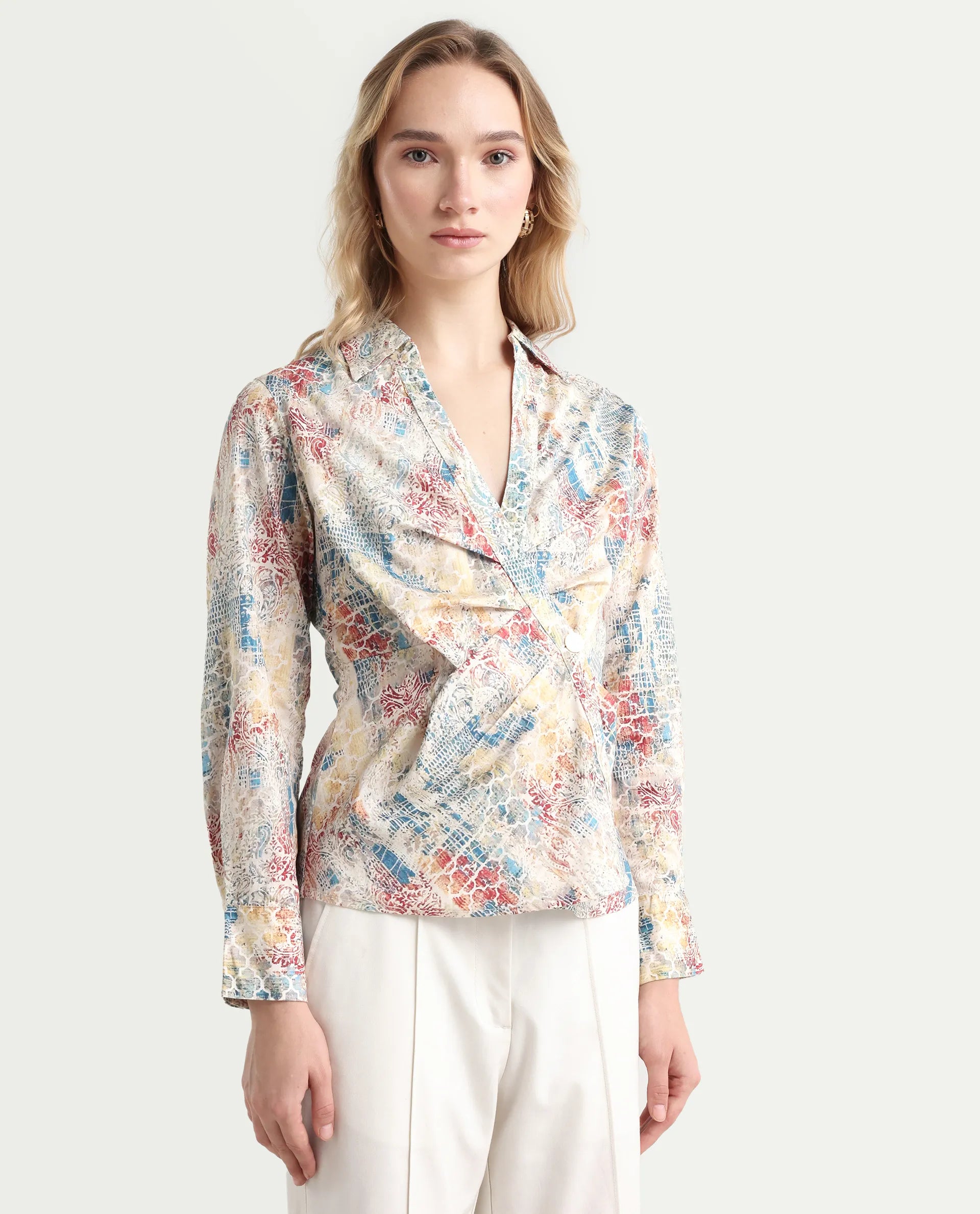 Rareism Women's Foggia Light Multi Cotton Blend Johnny Collar Abstract Print Regular Fit Top