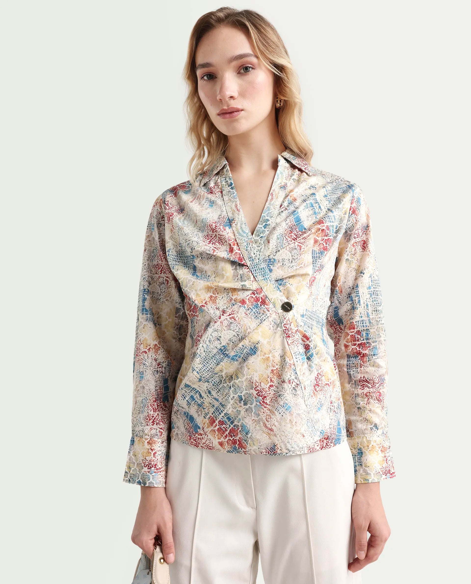 Rareism Women's Foggia Light Multi Cotton Blend Johnny Collar Abstract Print Regular Fit Top