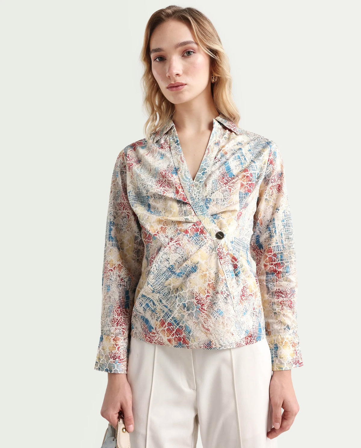 Rareism Women's Foggia Light Multi Cotton Blend Johnny Collar Abstract Print Regular Fit Top