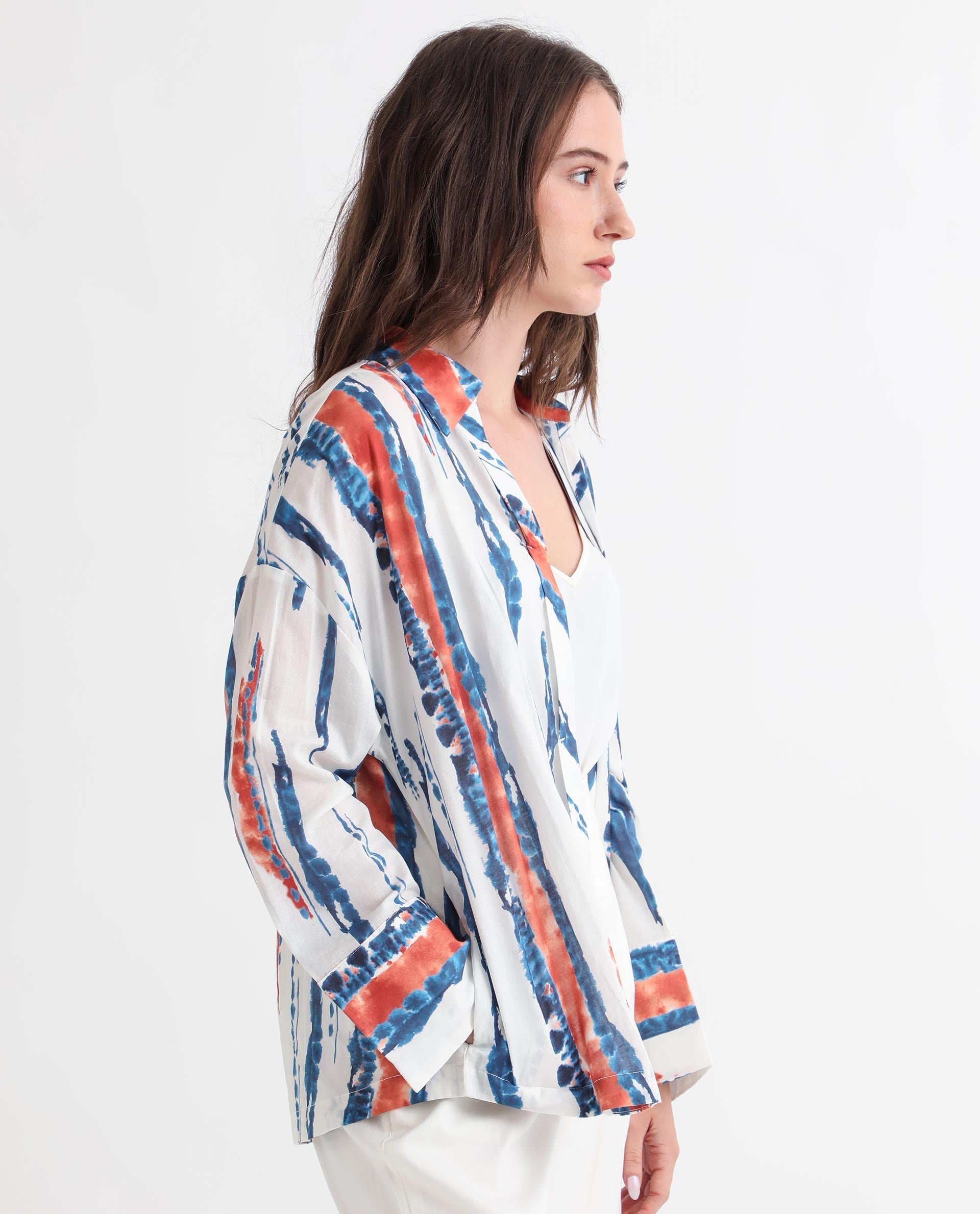 Rareism Women's Foil Offwhite Modal Blend Spread Collar Abstract Print Regular Fit Top