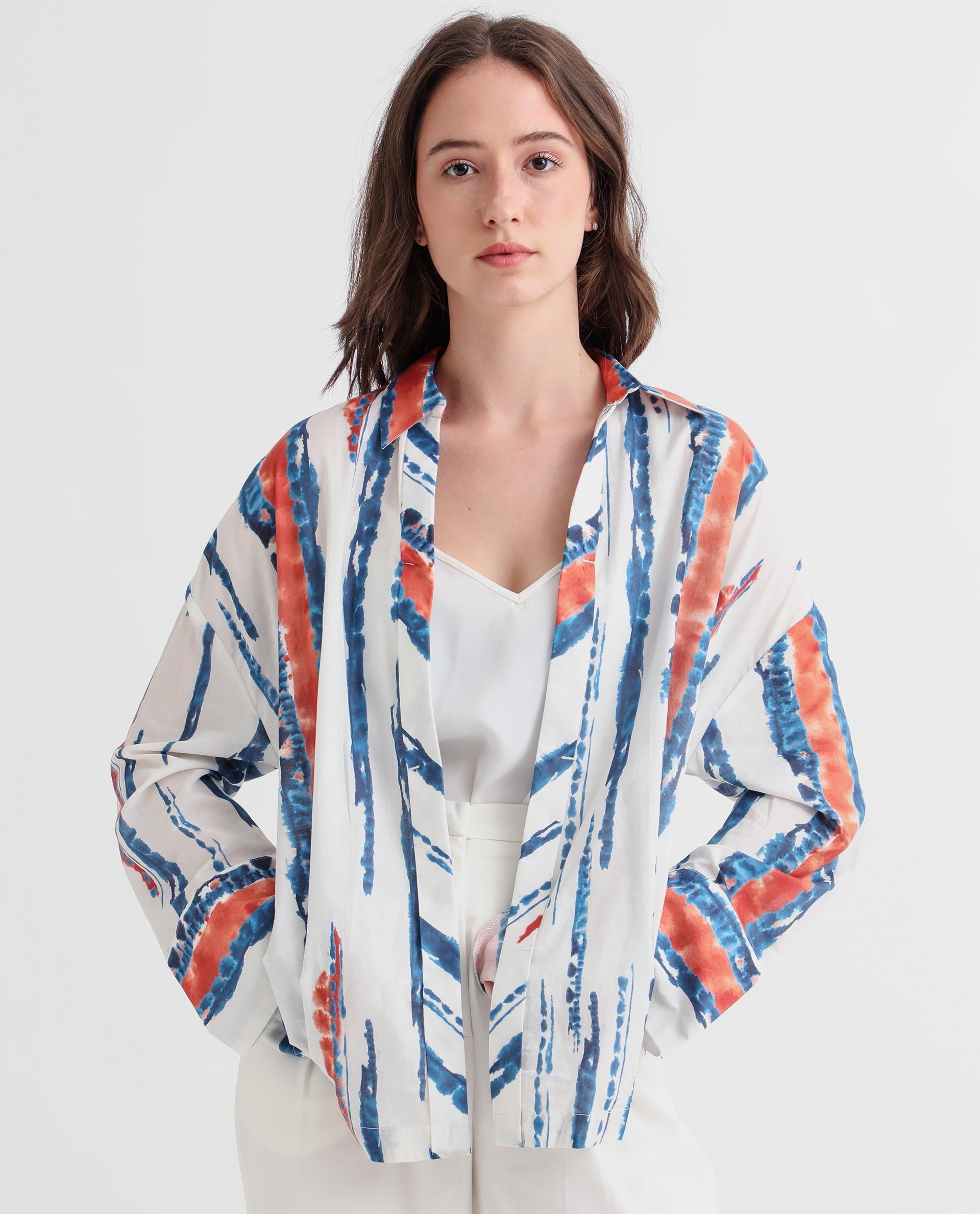 Rareism Women's Foil Offwhite Modal Blend Spread Collar Abstract Print Regular Fit Top