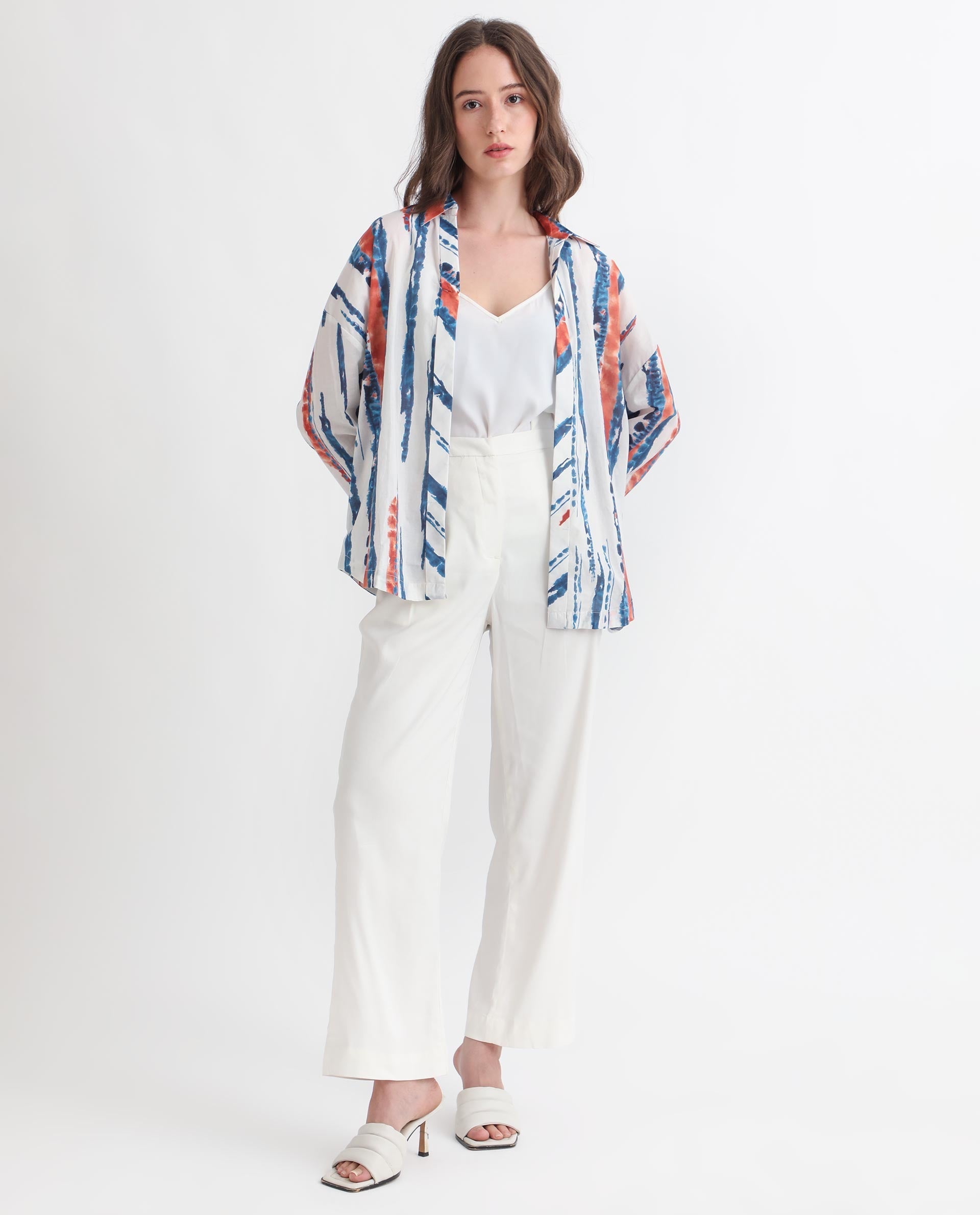 Rareism Women Foil Off White Modal Satin Fabric Regular Fit Shirt Collar Full Sleeves Print Top