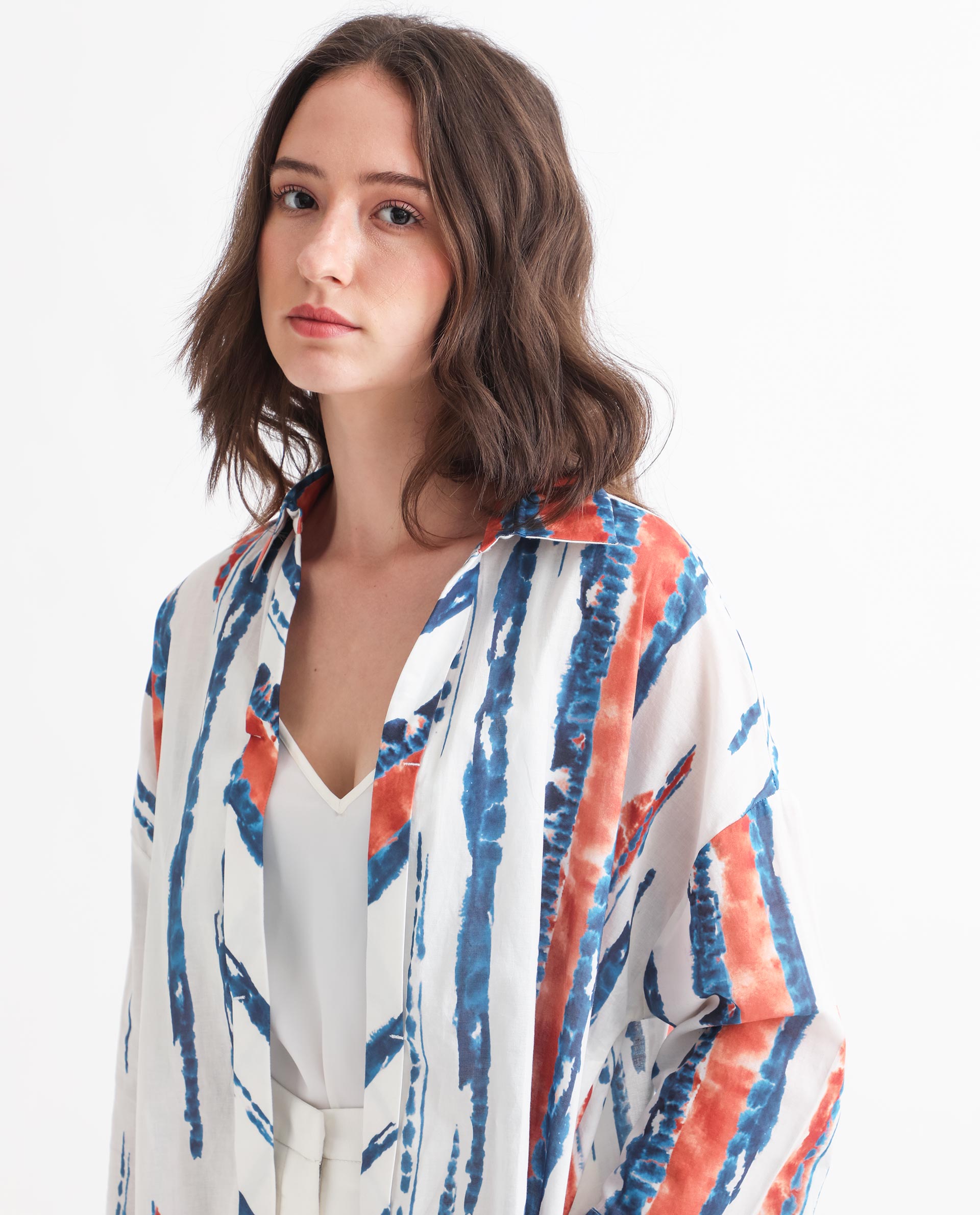 Rareism Women's Foil Offwhite Modal Blend Spread Collar Abstract Print Regular Fit Top