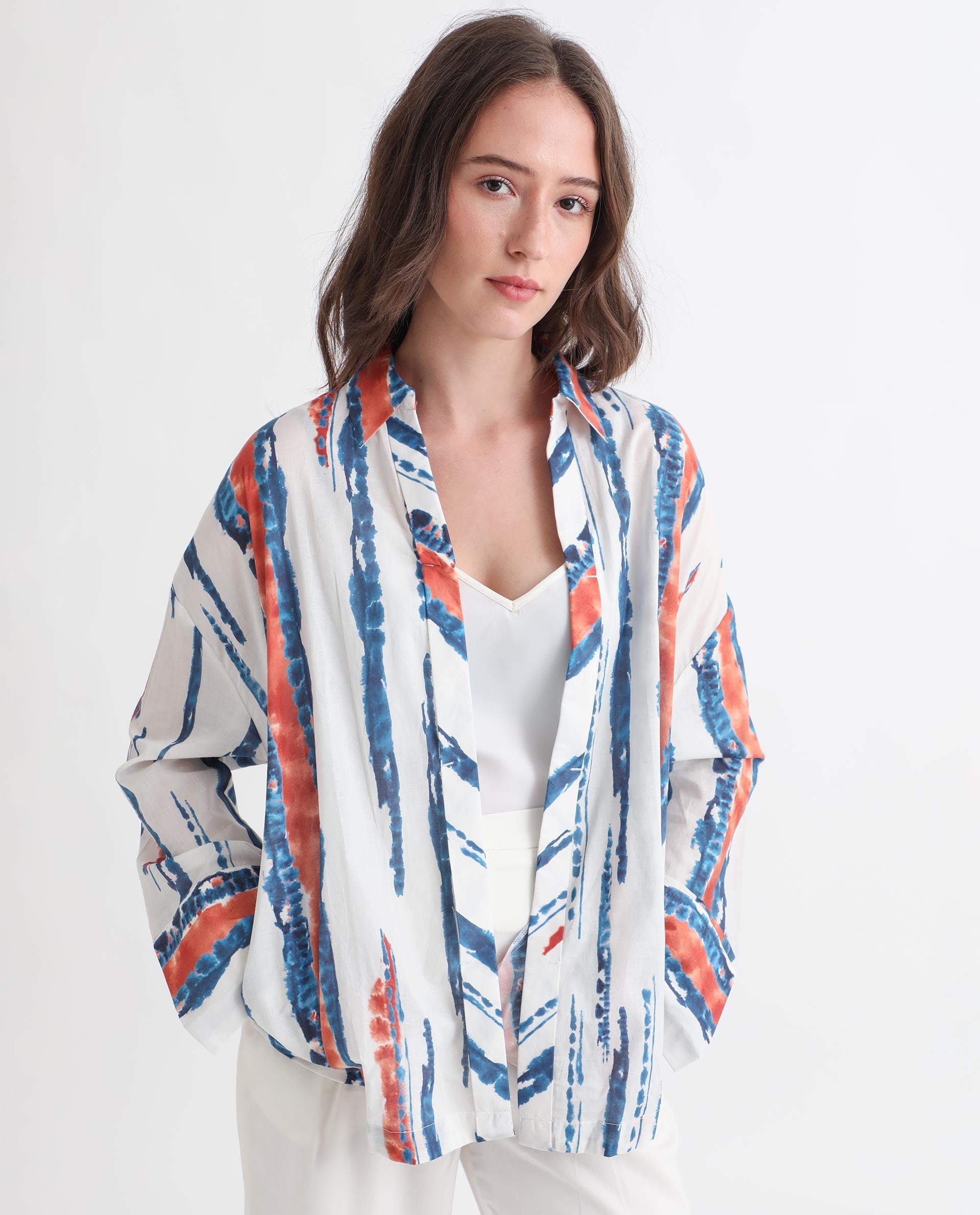 Rareism Women's Foil Offwhite Modal Blend Spread Collar Abstract Print Regular Fit Top
