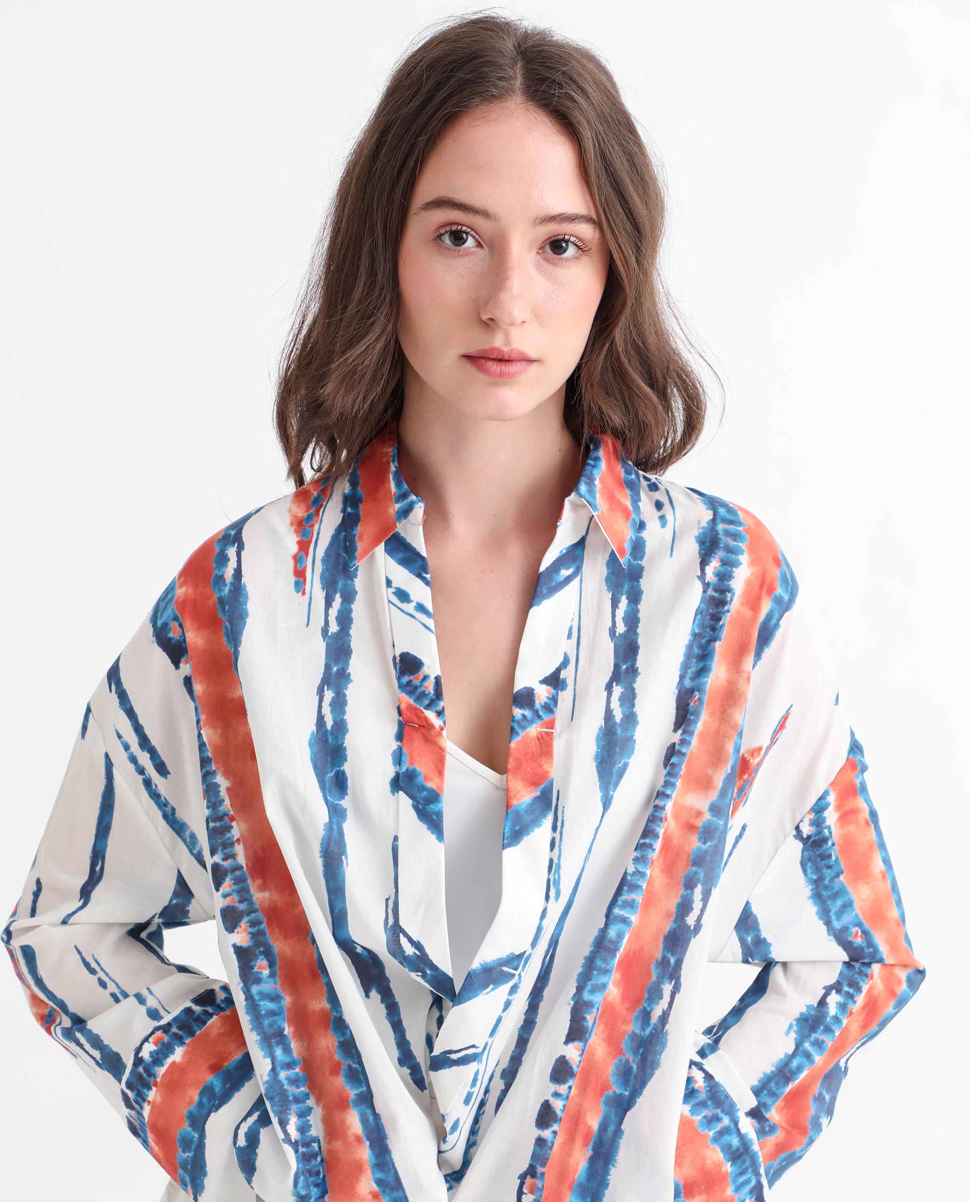 Rareism Women Foil Off White Modal Satin Fabric Regular Fit Shirt Collar Full Sleeves Print Top