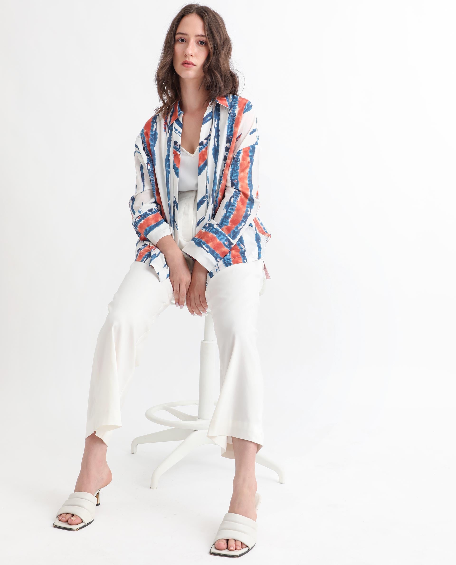 Rareism Women's Foil Offwhite Modal Blend Spread Collar Abstract Print Regular Fit Top