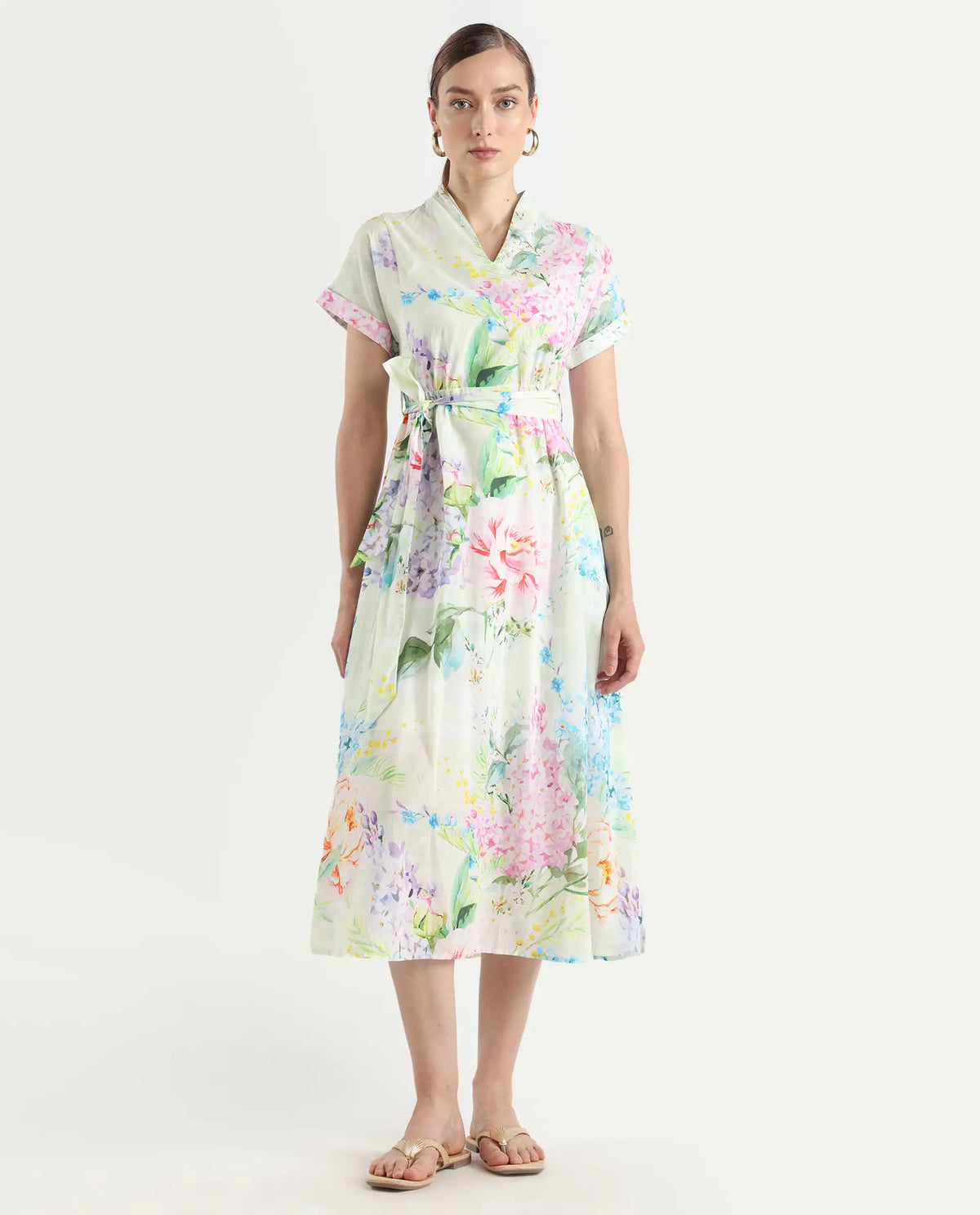 Rareism Women's Fona Multi Cotton V-Neck Floral Print Extended Sleeves Midi A-Line Dress