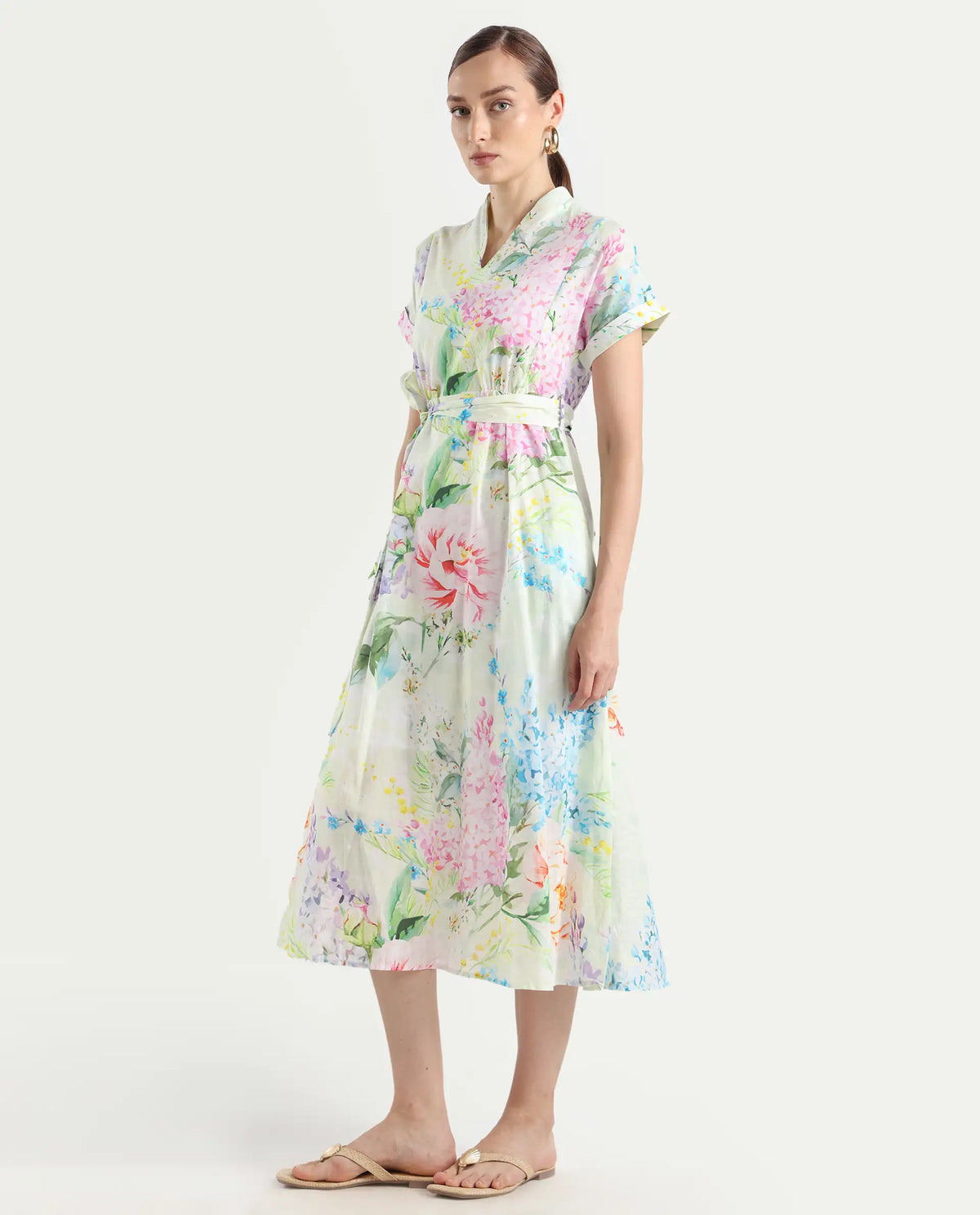 Rareism Women's Fona Multi Cotton V-Neck Floral Print Extended Sleeves Midi A-Line Dress