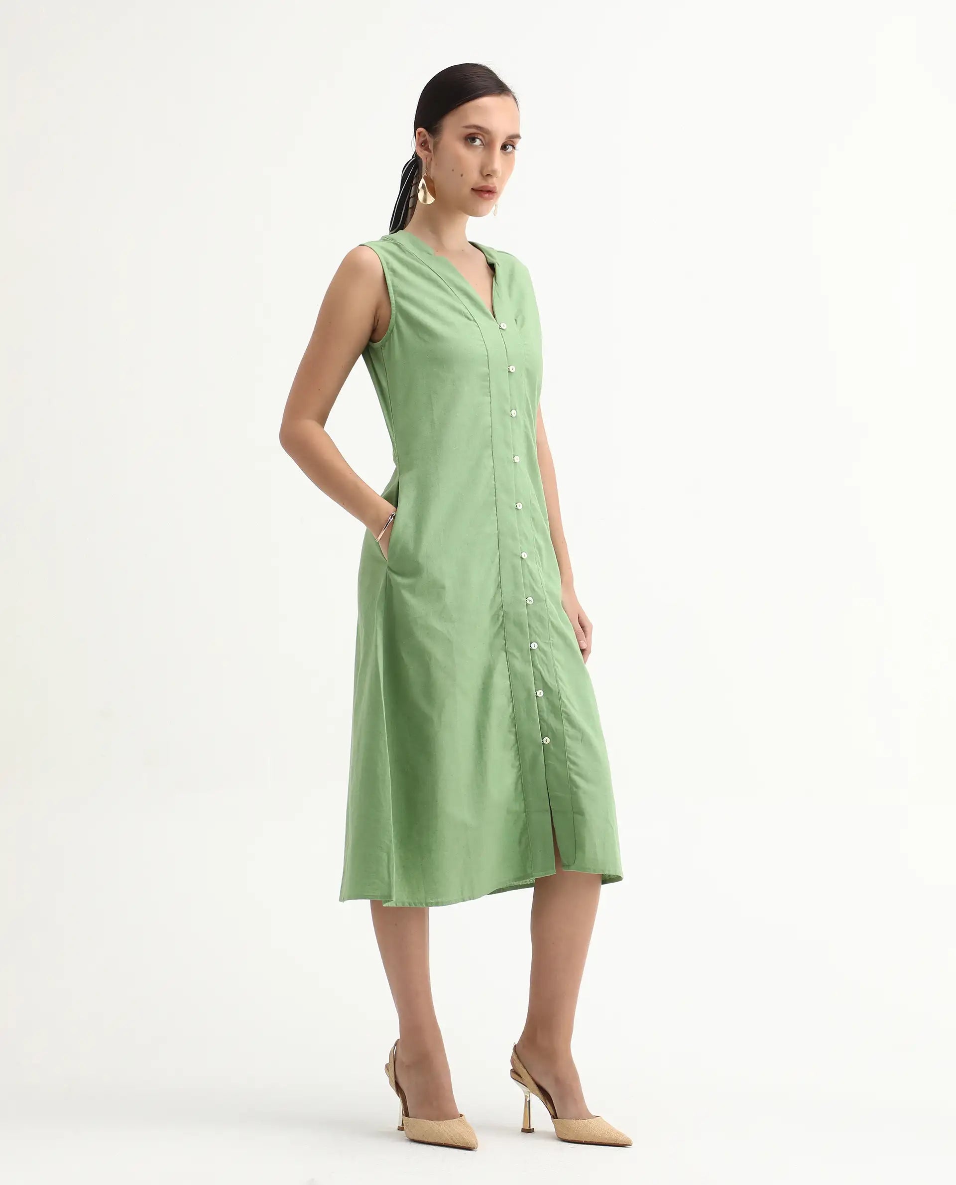Rareism Women's Foream Pastel Green Linen Blend V-Neck Plain Sleeveless Midi A-Line Dress