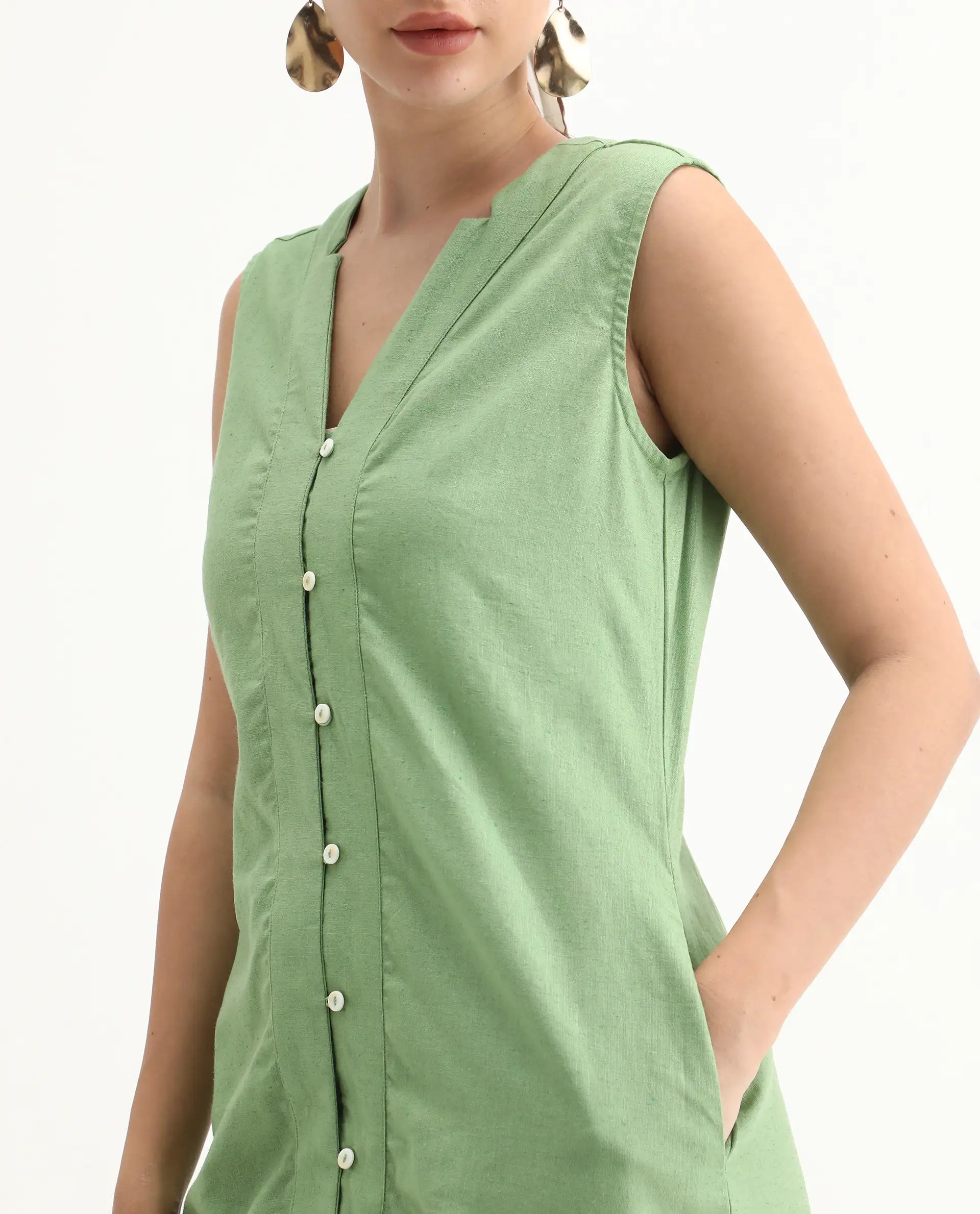 Rareism Women's Foream Pastel Green Linen Blend V-Neck Plain Sleeveless Midi A-Line Dress