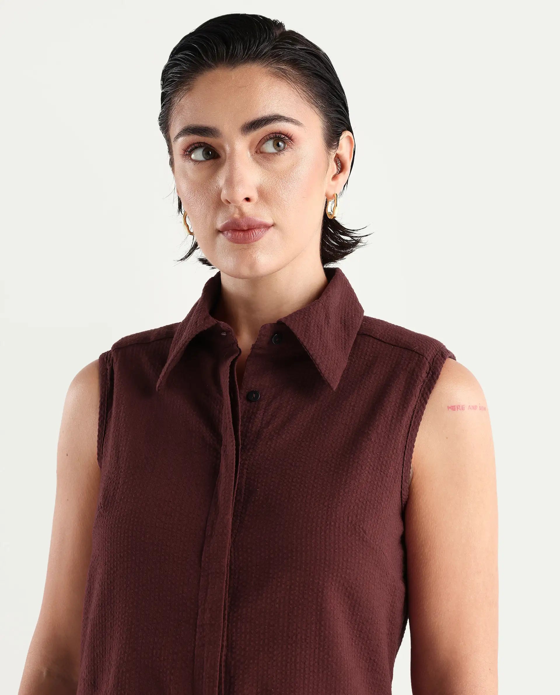 Rareism Women's Forli Brown Cotton Blend Drop Collar Plain Sleeveless Regular Fit Shirt