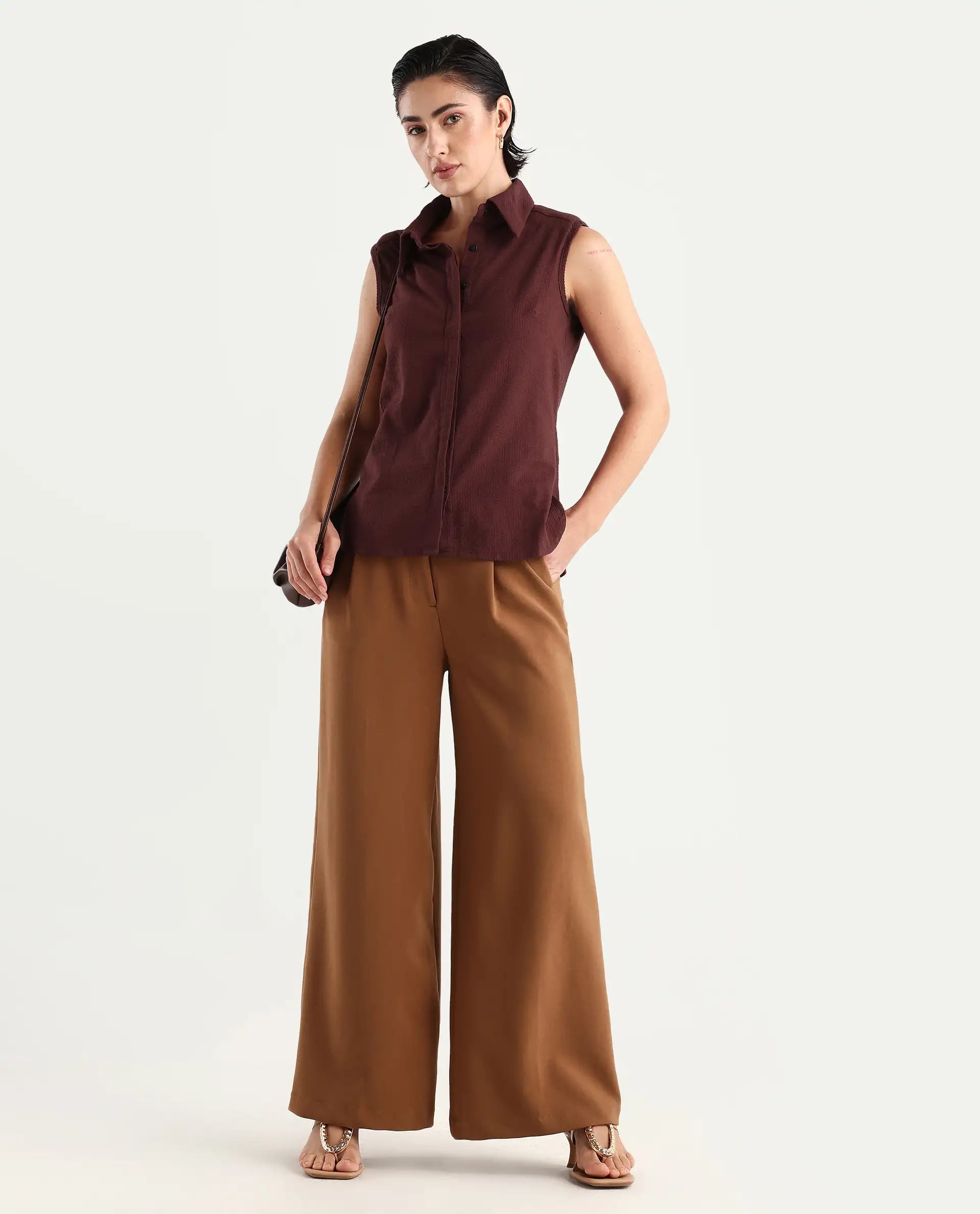 Rareism Women's Forli Brown Cotton Blend Drop Collar Plain Sleeveless Regular Fit Shirt