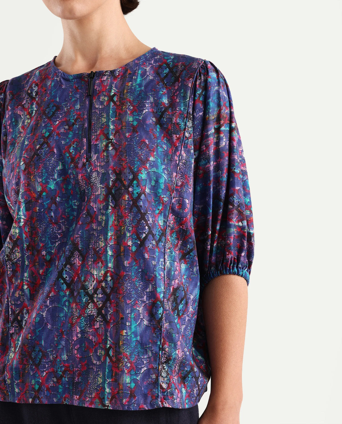 Rareism Women's Forli Multi Cotton Blend Crew Neck Abstract Print Kimono Sleeve Regular Fit Top