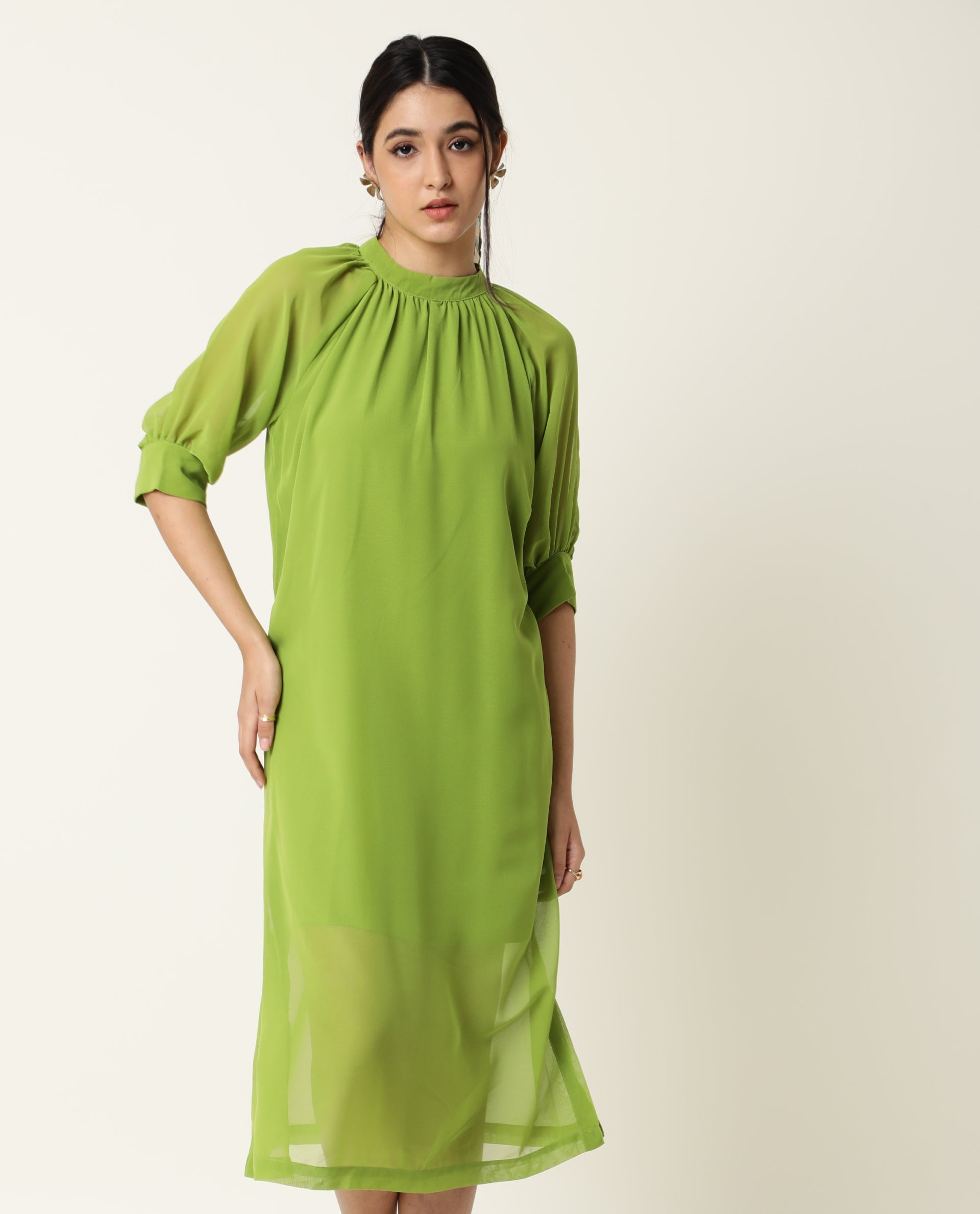 Rareism Women Frag Green High Collared Neck With Gathers Short Sleeves With Cuff Back Button Closure Midi Dress