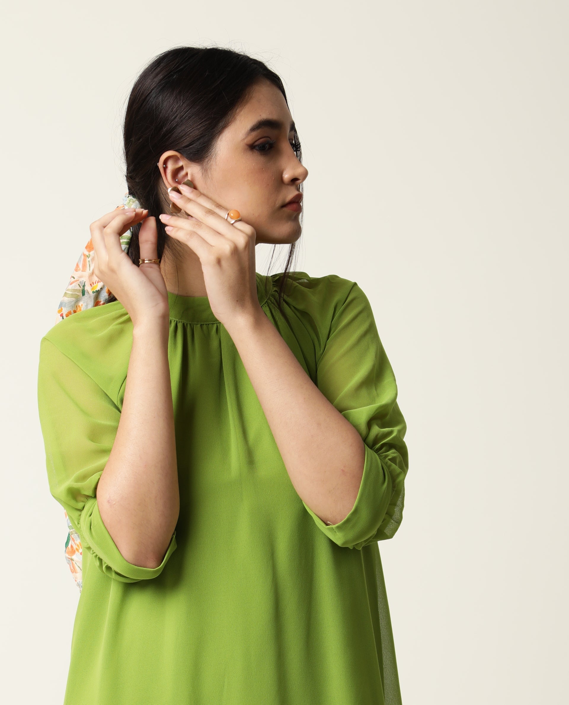 Rareism Women Frag Green High Collared Neck With Gathers Short Sleeves With Cuff Back Button Closure Midi Dress