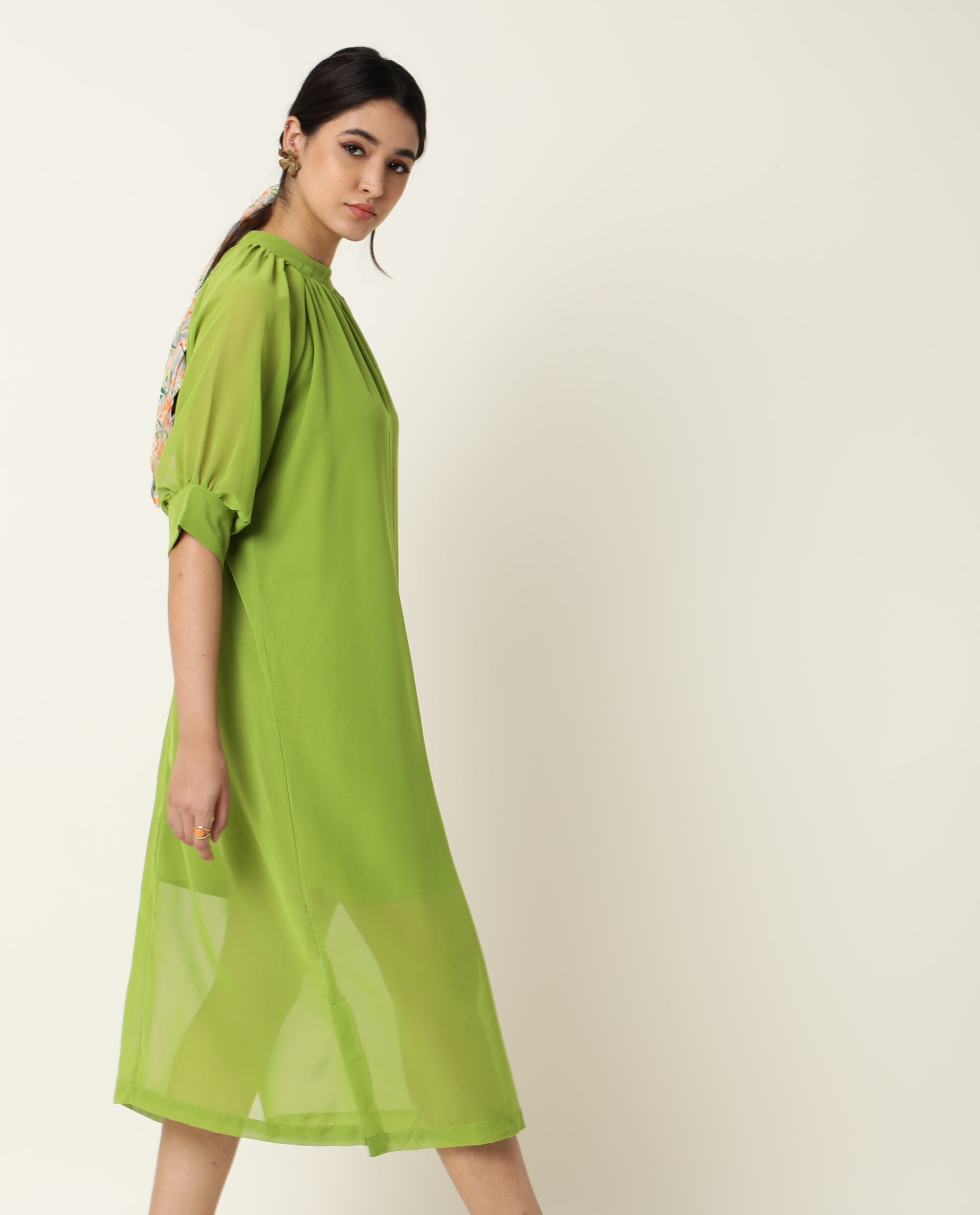 Rareism Women Frag Green High Collared Neck With Gathers Short Sleeves With Cuff Back Button Closure Midi Dress