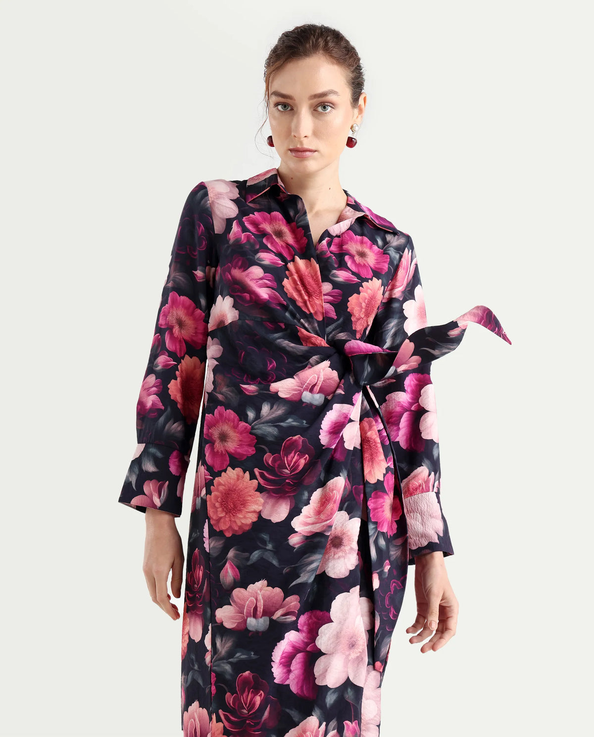 Rareism Women's Frastio Sc Black Viscose Blend Drop Collar Floral Print Extended Sleeves Maxi Straight Fit Dress