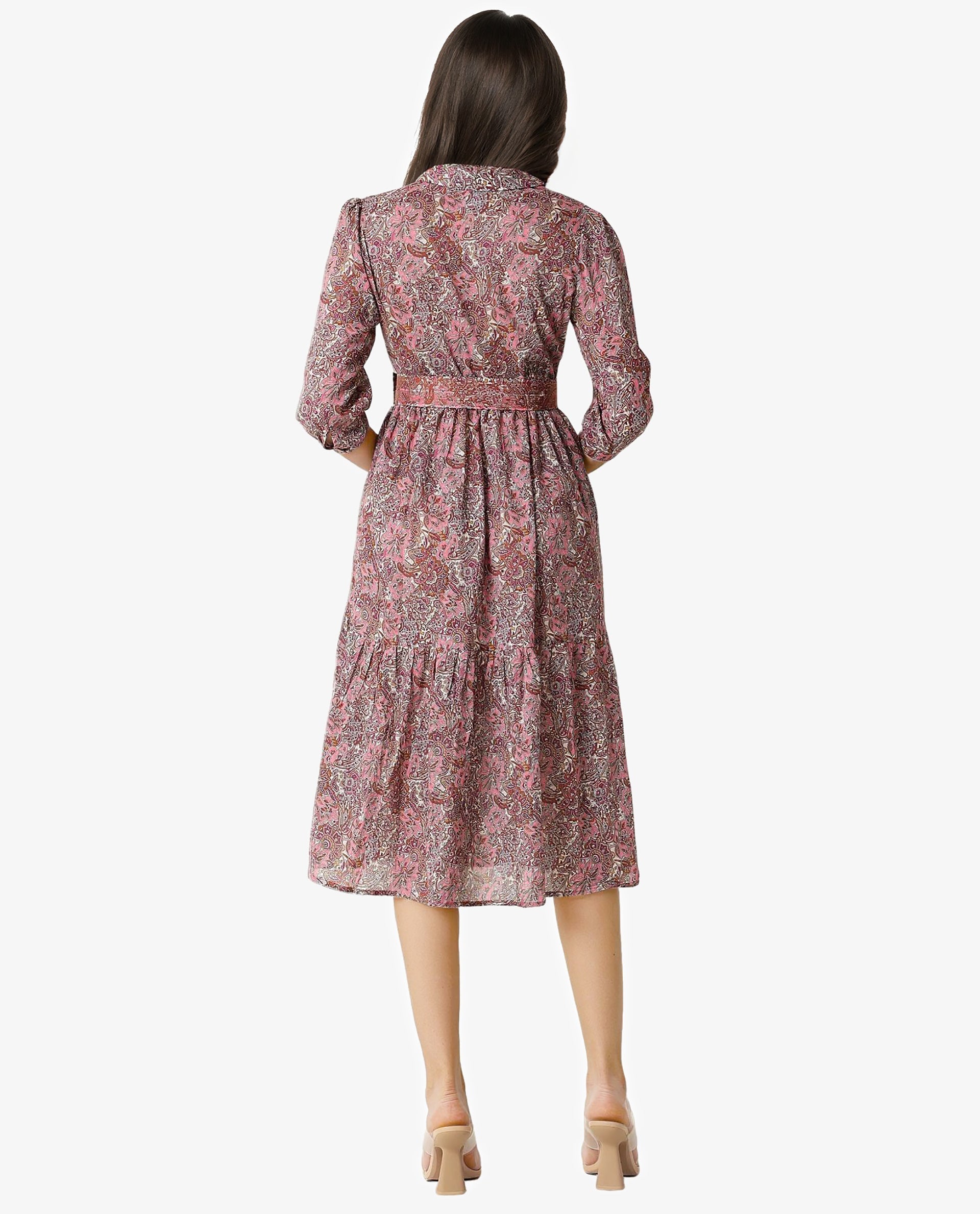 Rareism Women Freesha Pink Shirt Collar 3/4 Sleeves Fabric Waist Belt And Pockets Knee Length Dress