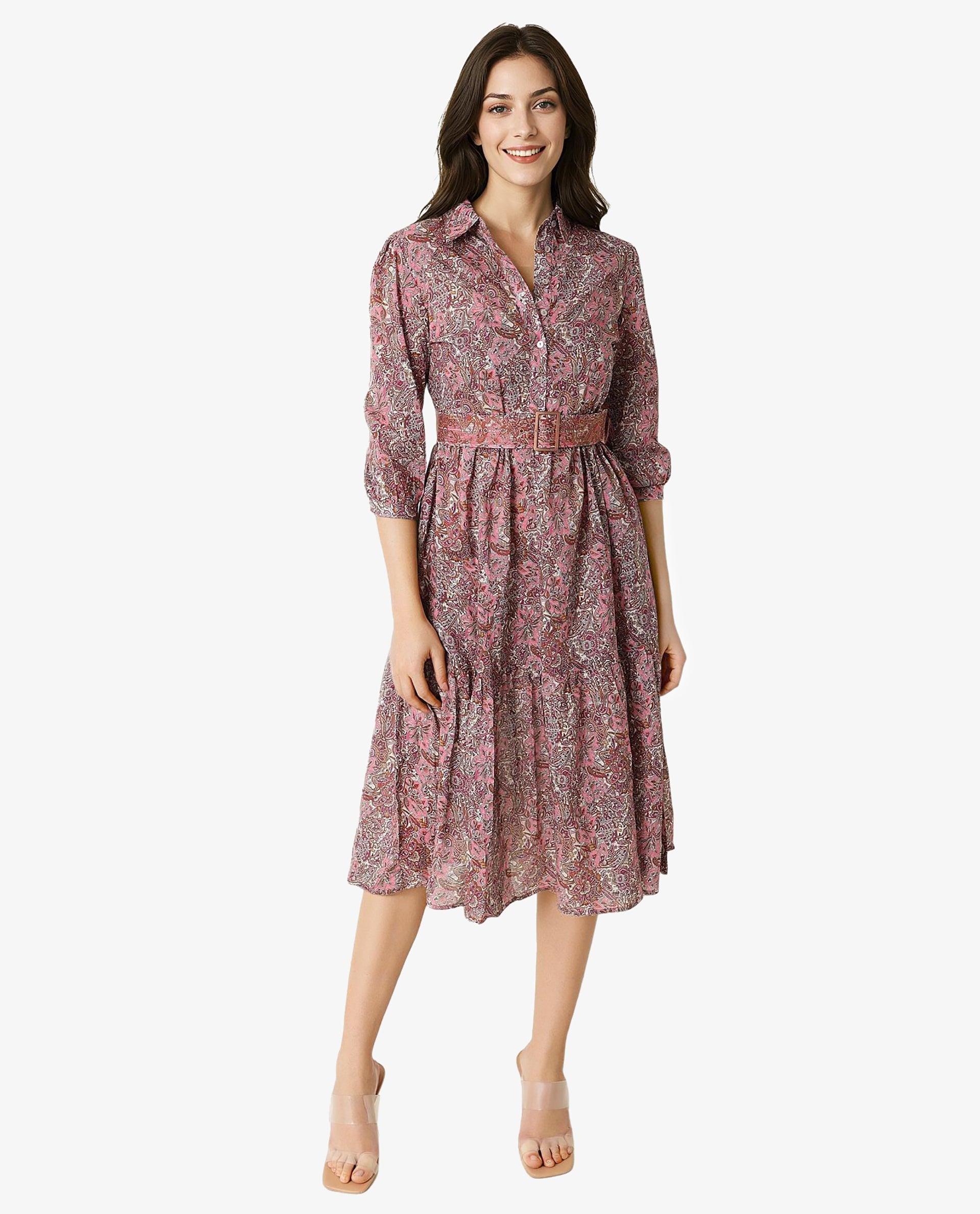 Rareism Women Freesha Pink Shirt Collar 3/4 Sleeves Fabric Waist Belt And Pockets Knee Length Dress