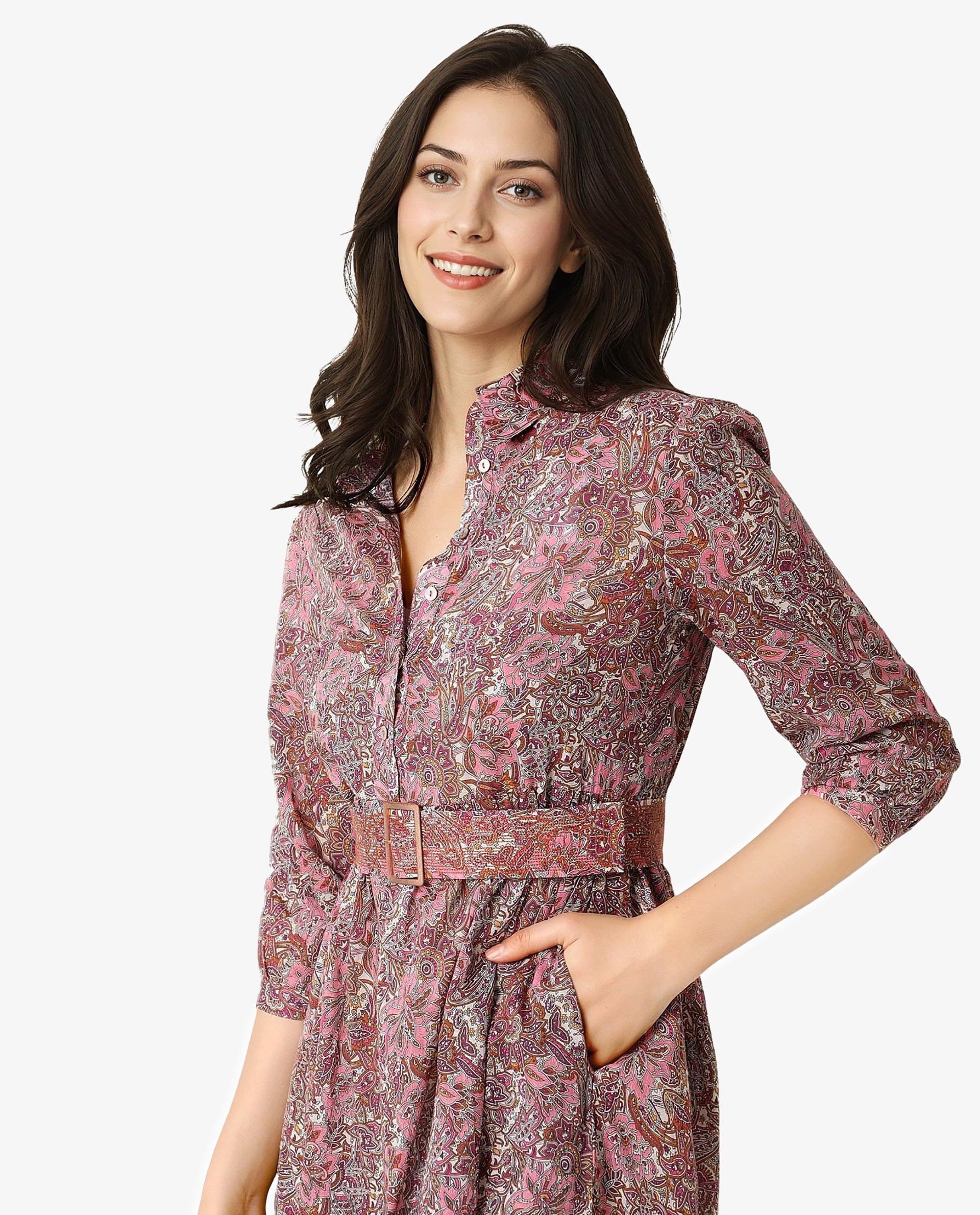 Rareism Women Freesha Pink Shirt Collar 3/4 Sleeves Fabric Waist Belt And Pockets Knee Length Dress