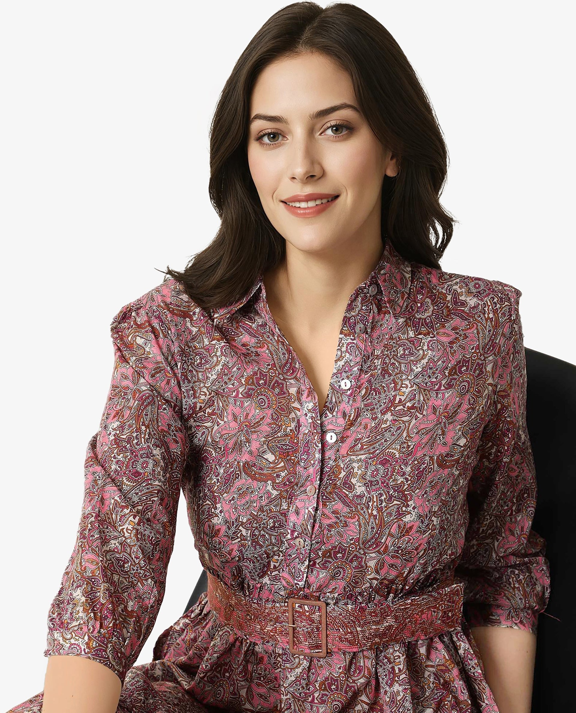 Rareism Women Freesha Pink Shirt Collar 3/4 Sleeves Fabric Waist Belt And Pockets Knee Length Dress