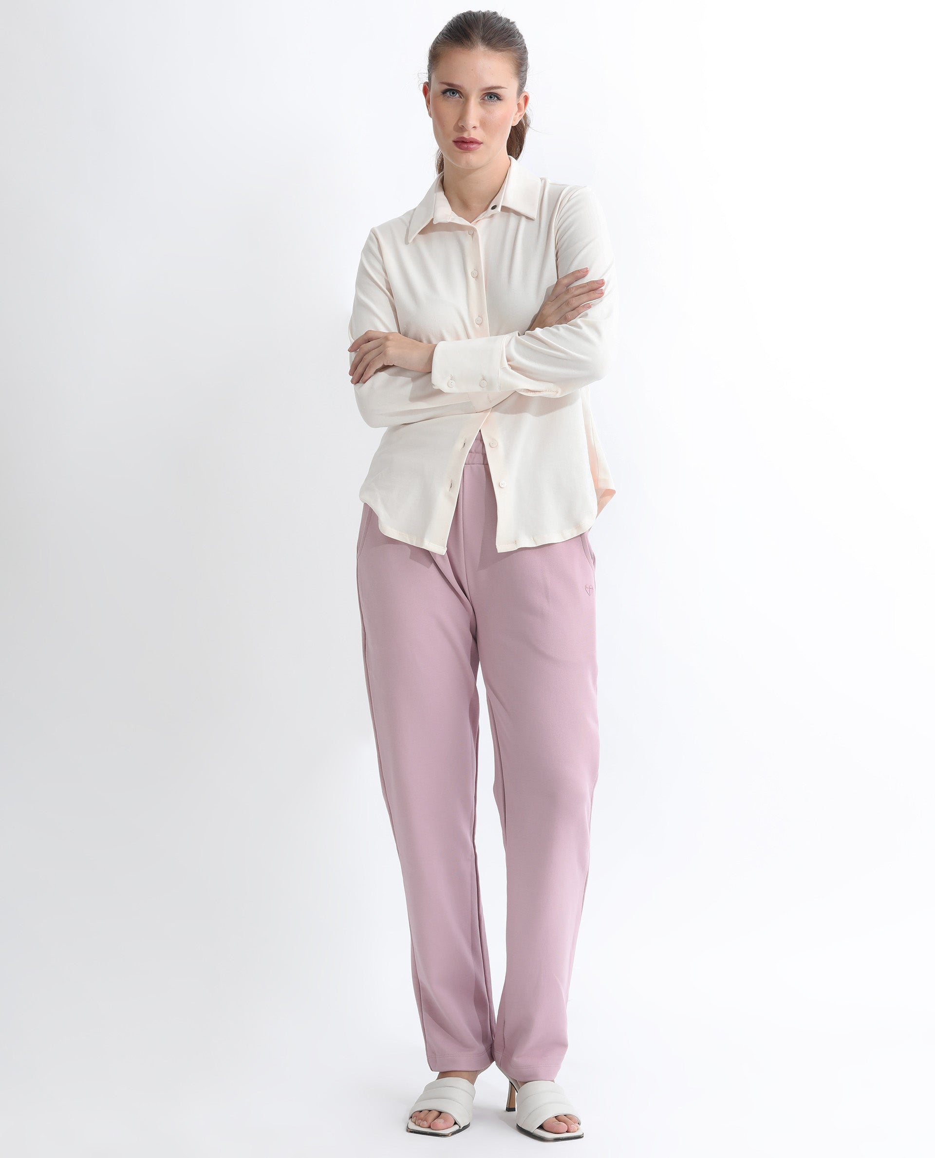 Rareism Women's Fronk Dusky Pink Polyester Blend Plain Ankle Length Tailored Track Pant