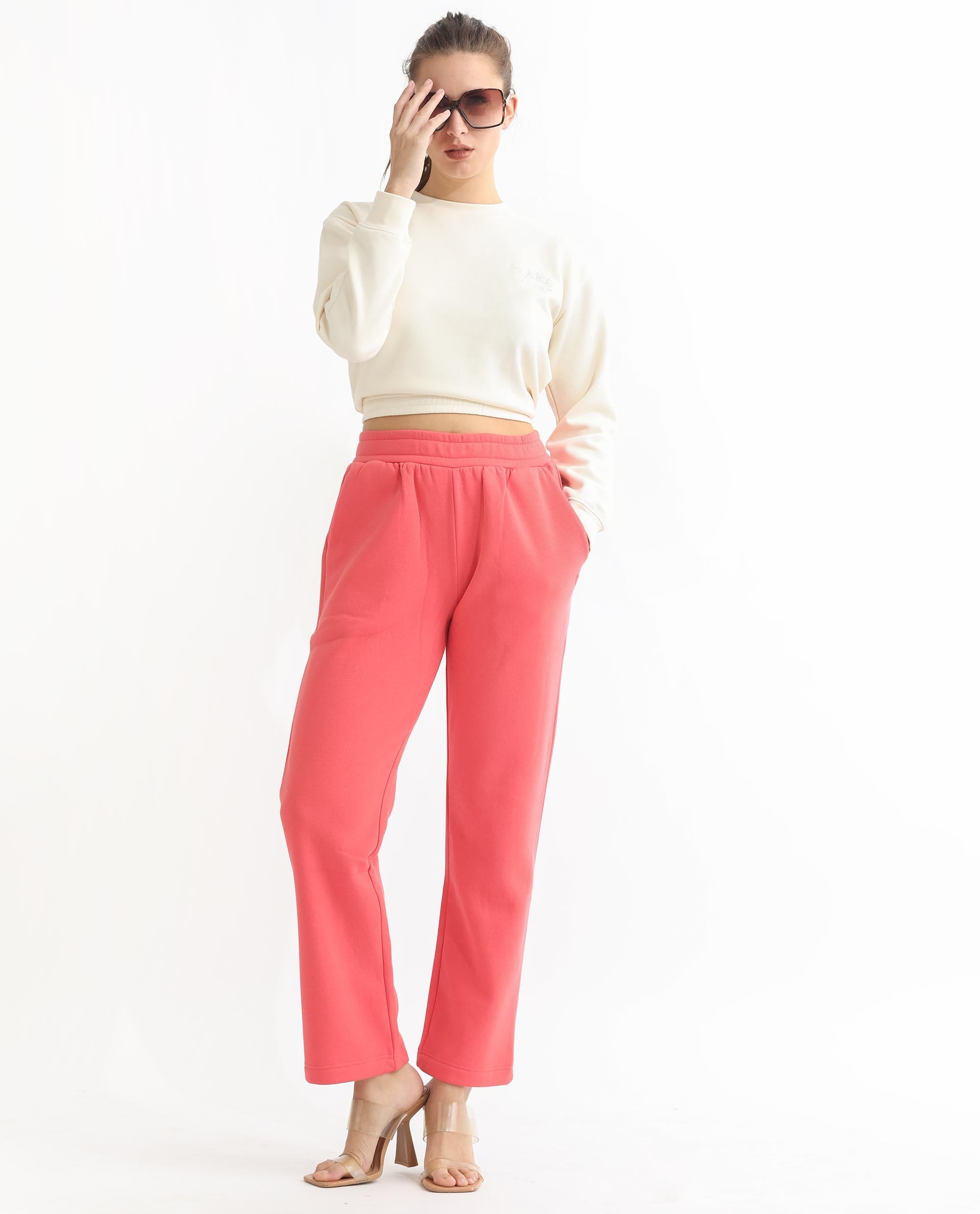 Rareism Women Fronk Orange Poly Cotton Fabric Tailored Fit Solid Mid Rise Ankle Length Track Pant