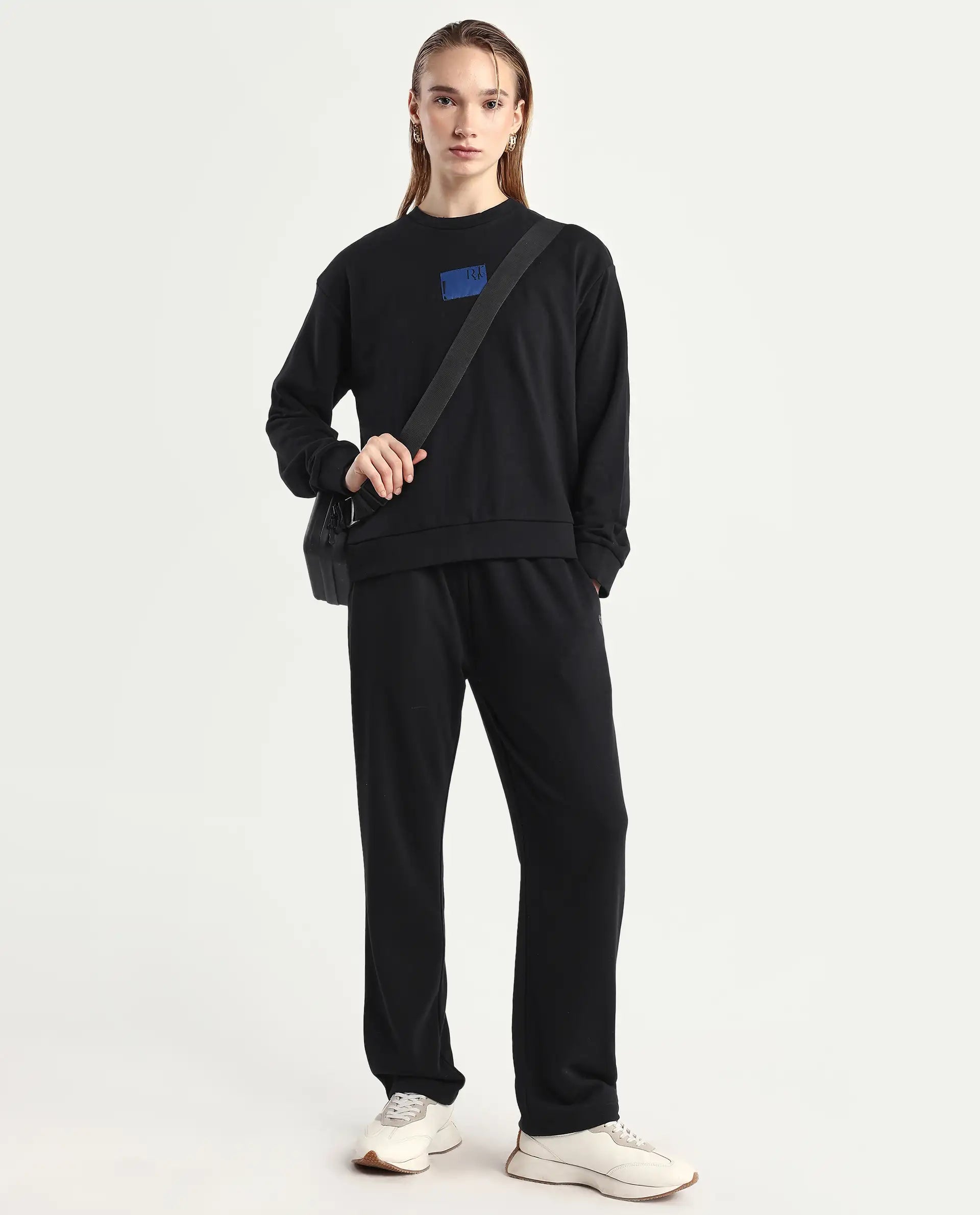 Rareism Women's Fronk Black Polyester Blend Plain Ankle Length Tailored Track Pant