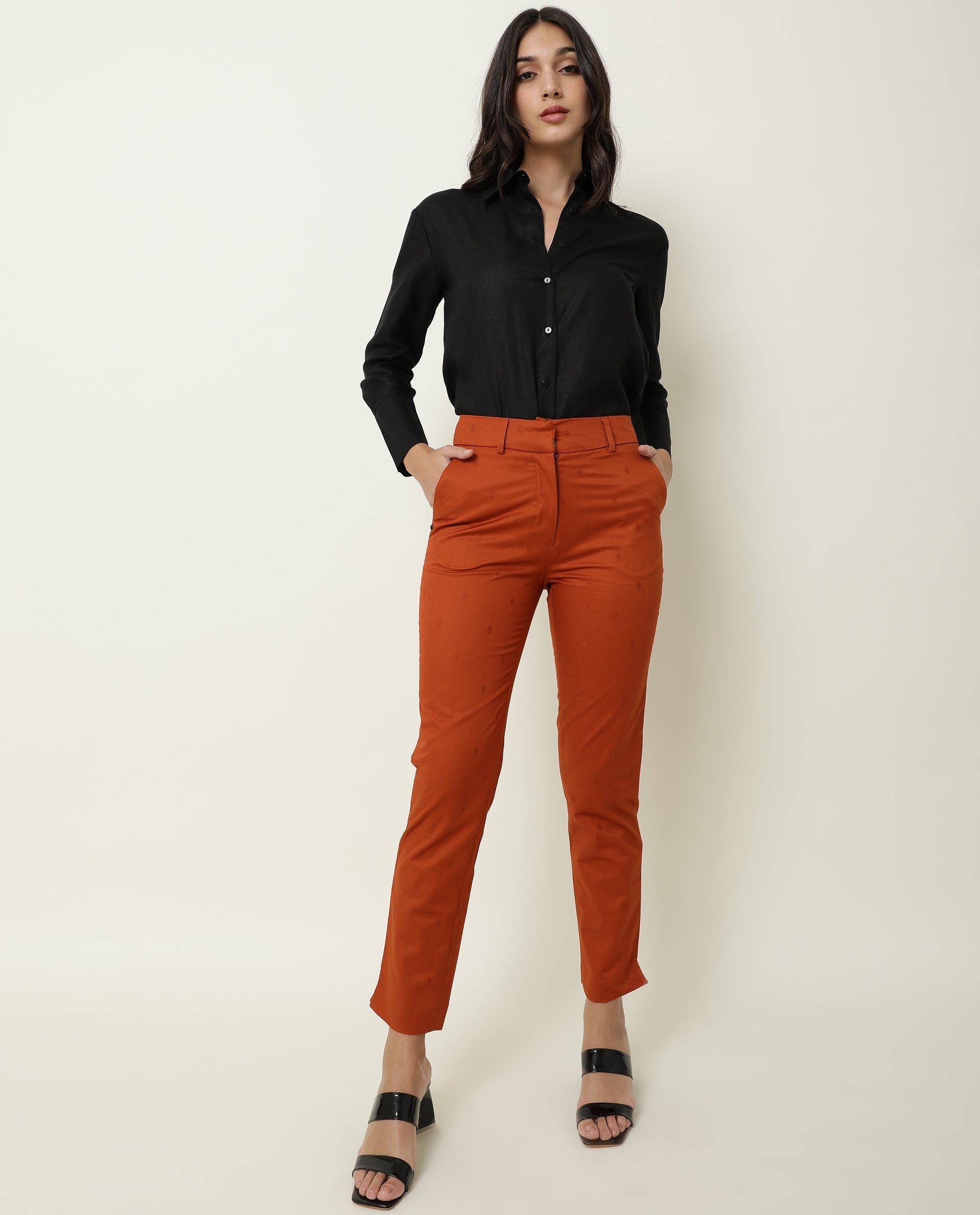 Rareism Women's Odyssey Brown Viscose Plain Ankle Length Tailored Trouser