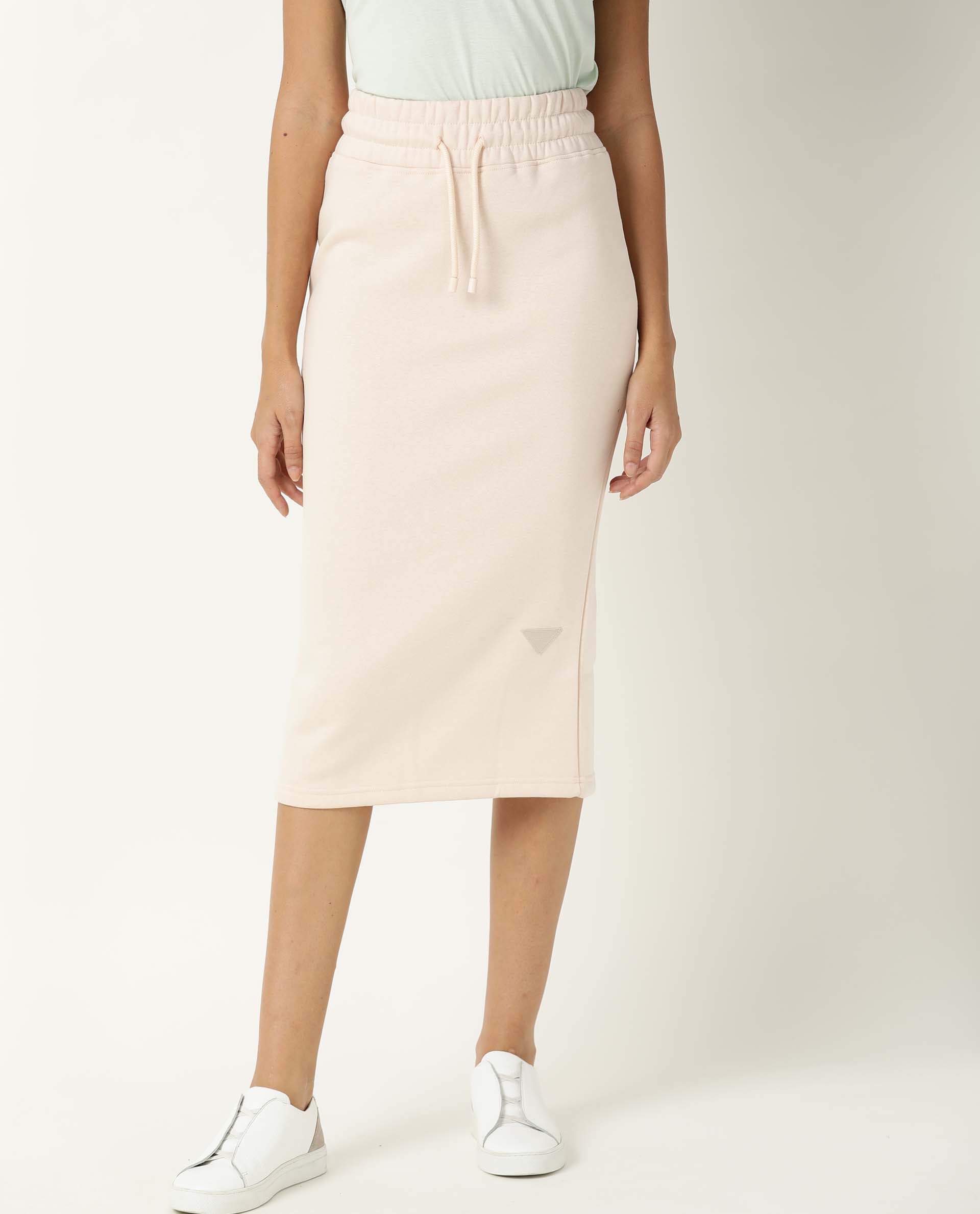 Rareism Women Fudge Beige Poly Cotton Fabric Tailored Fit High Rise Solid Midi Skirt