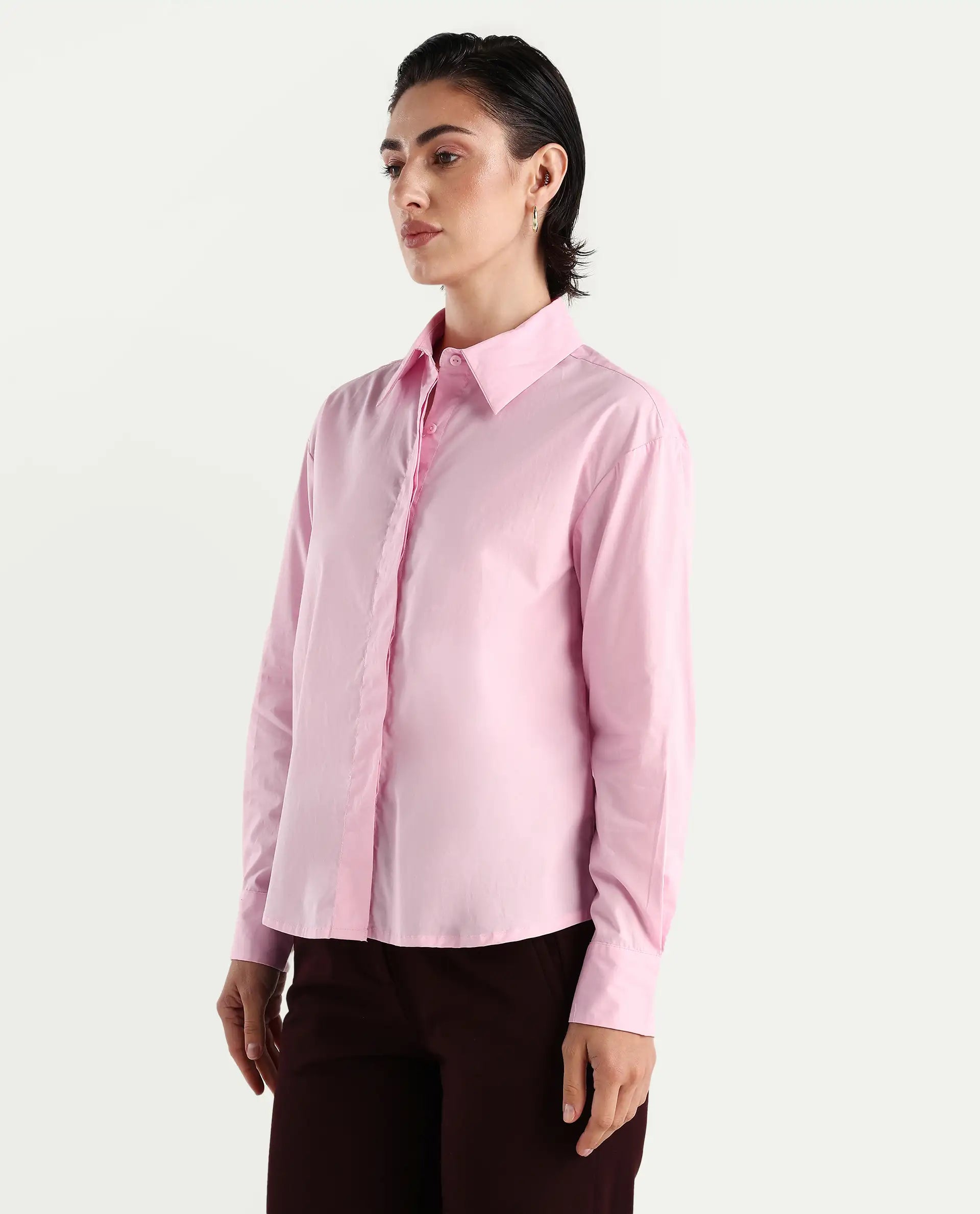 Rareism Women's Fuhu Pink Cotton Drop Collar Plain Cuffed Sleeve Regular Fit Shirt