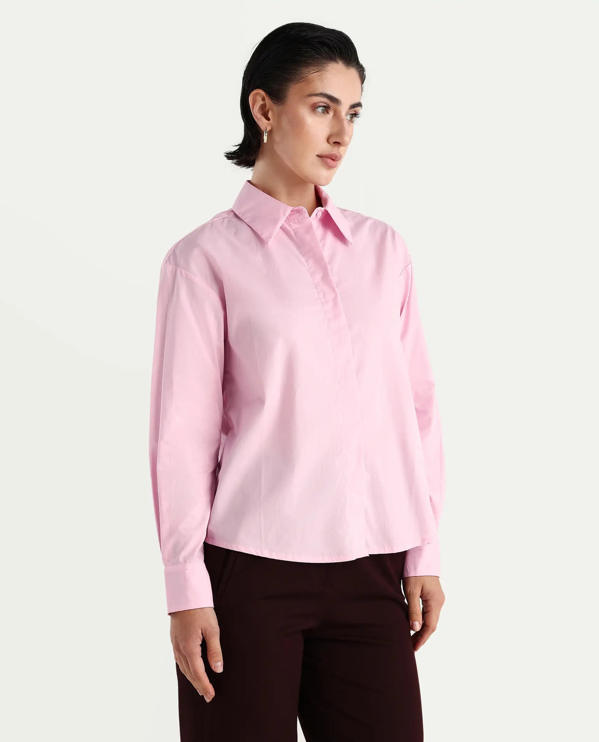 Rareism Women's Fuhu Pink Cotton Drop Collar Plain Cuffed Sleeve Regular Fit Shirt