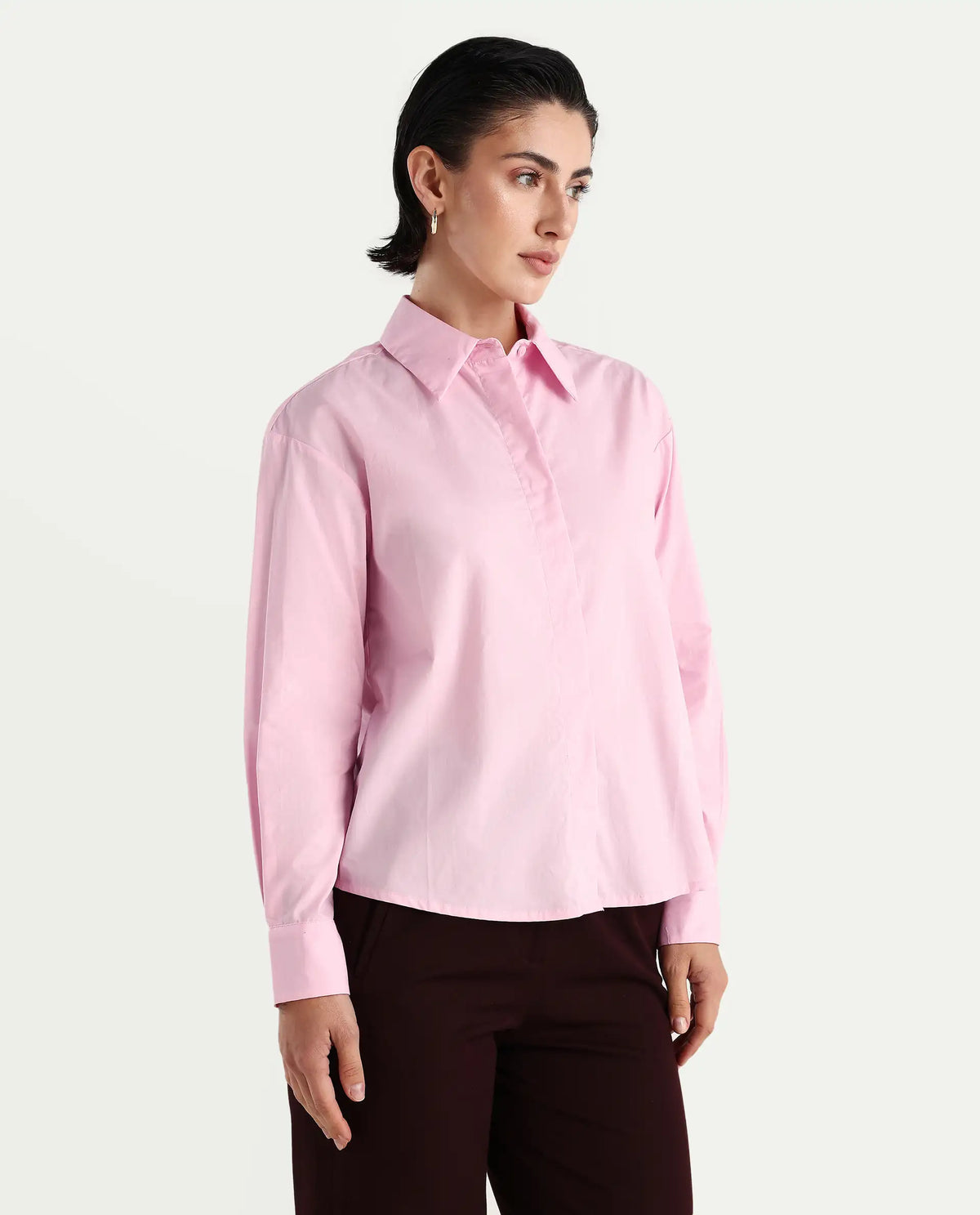 Rareism Women's Fuhu Pink Cotton Drop Collar Plain Cuffed Sleeve Regular Fit Shirt