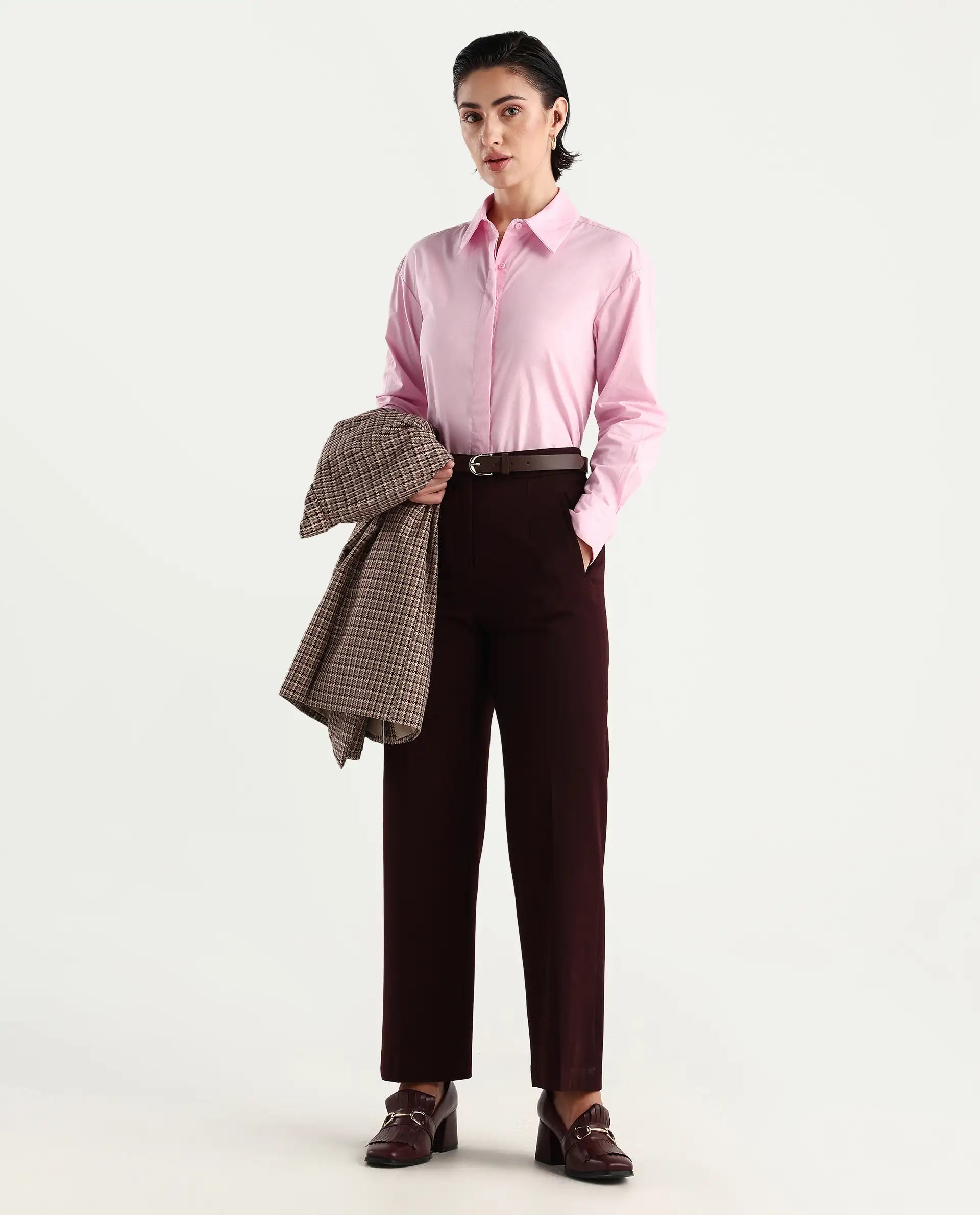 Rareism Women's Fuhu Pink Cotton Drop Collar Plain Cuffed Sleeve Regular Fit Shirt