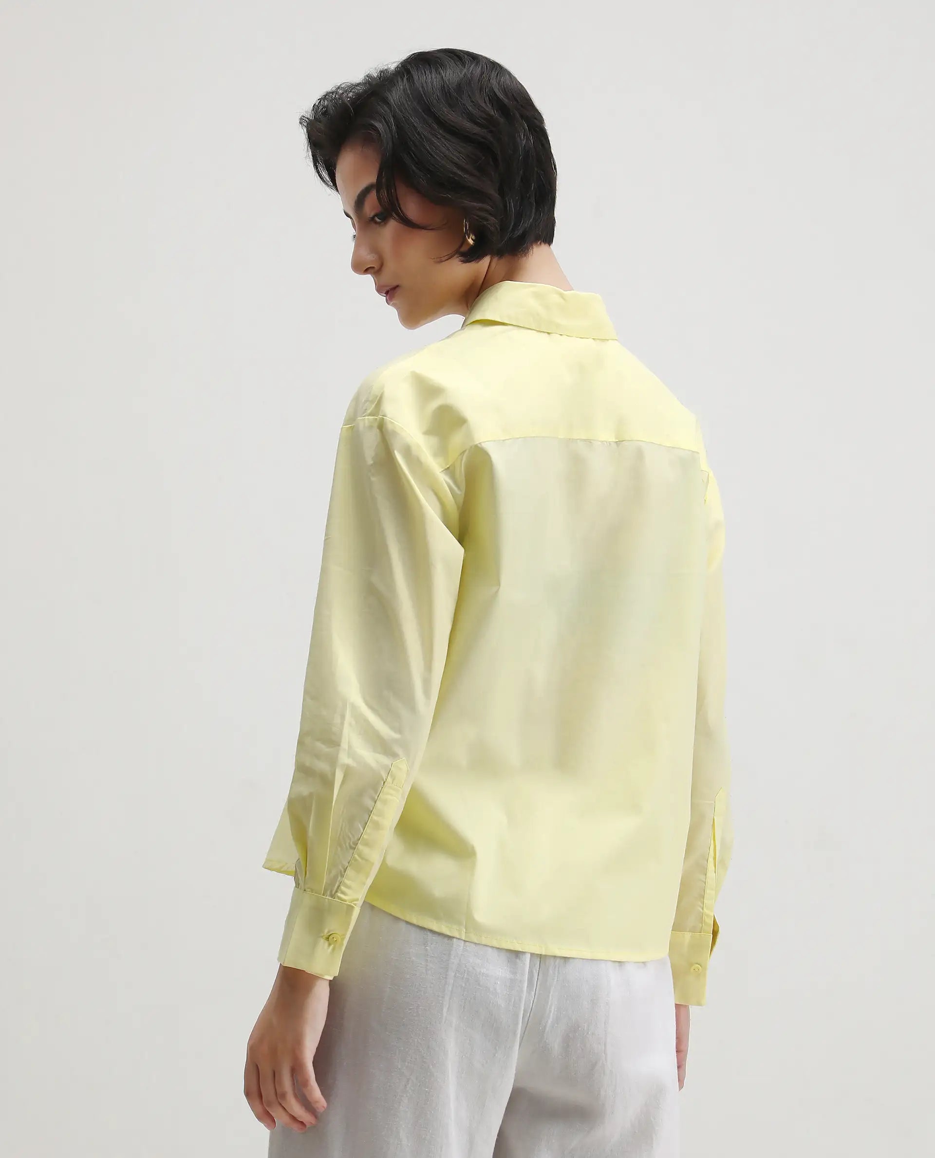 Rareism Women's Fuhu Yellow Cotton Spread Collar Plain Cuffed Sleeve Regular Fit Shirt