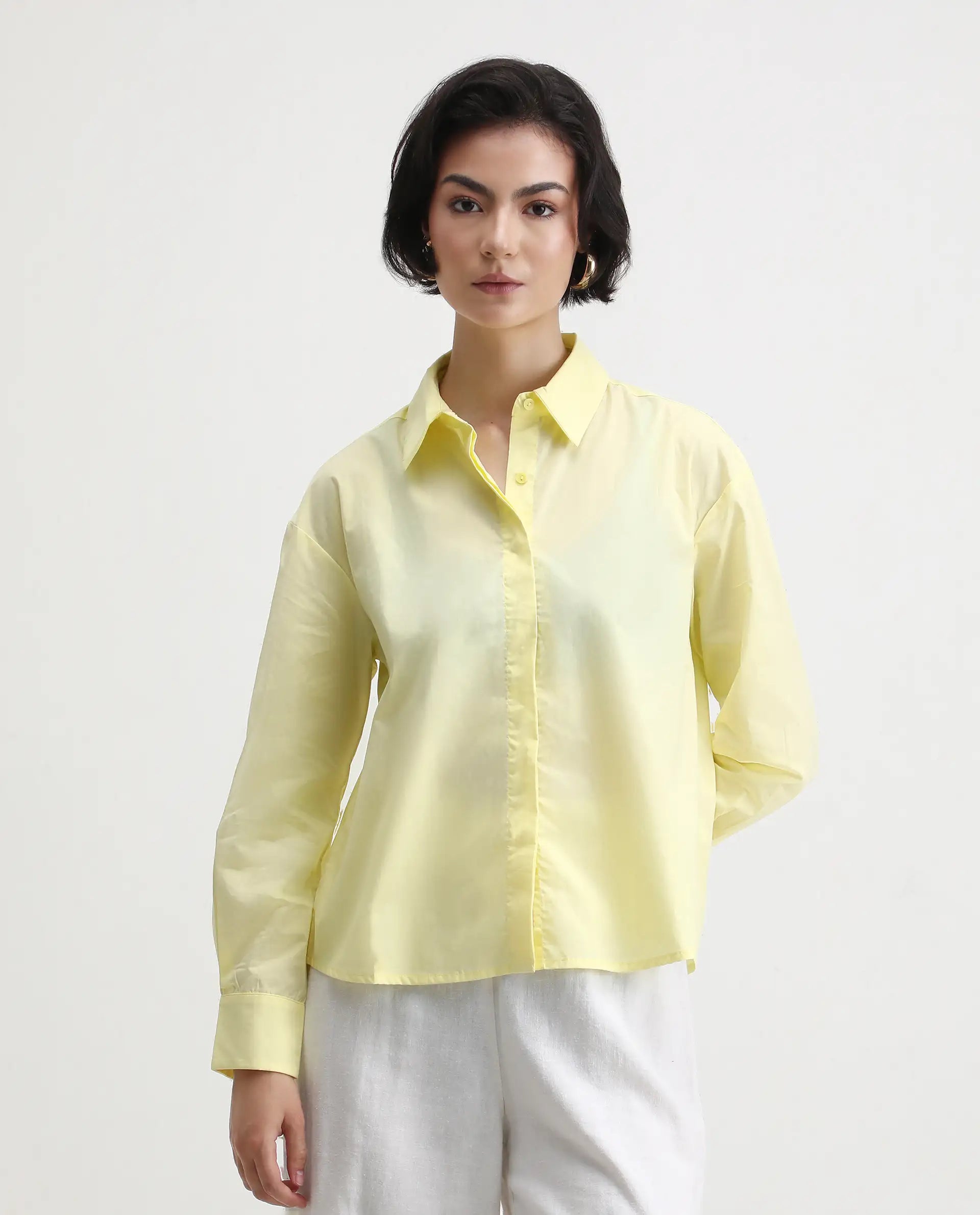 Rareism Women's Fuhu Yellow Cotton Spread Collar Plain Cuffed Sleeve Regular Fit Shirt