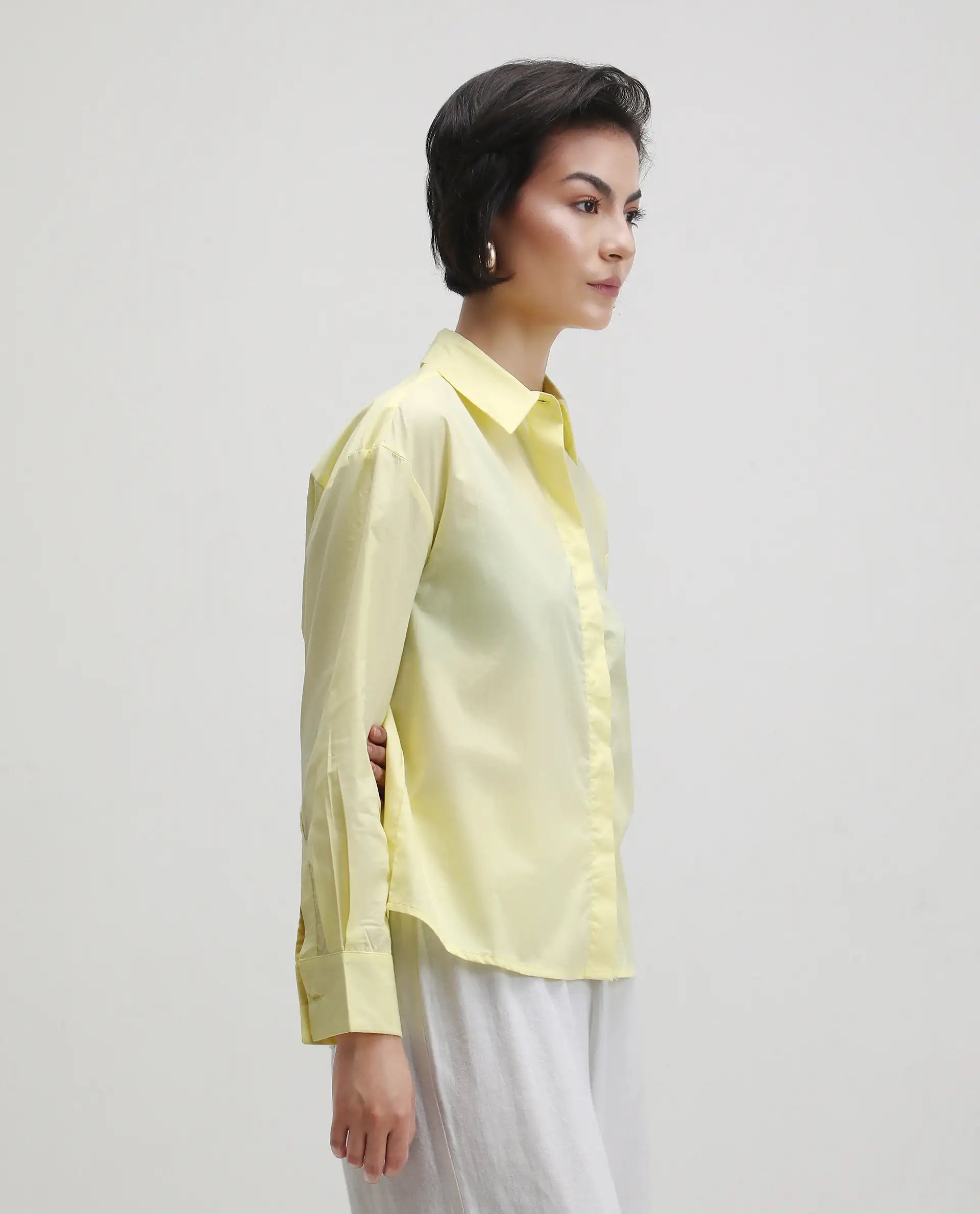 Rareism Women's Fuhu Yellow Cotton Spread Collar Plain Cuffed Sleeve Regular Fit Shirt