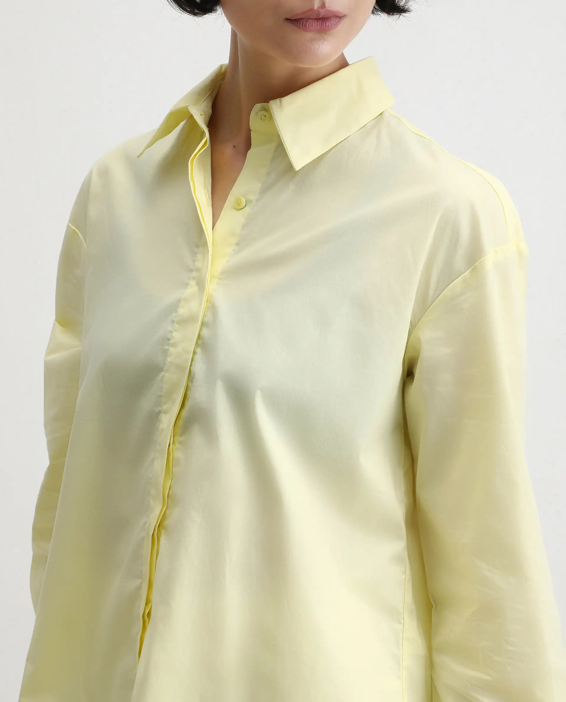 Rareism Women's Fuhu Yellow Cotton Spread Collar Plain Cuffed Sleeve Regular Fit Shirt
