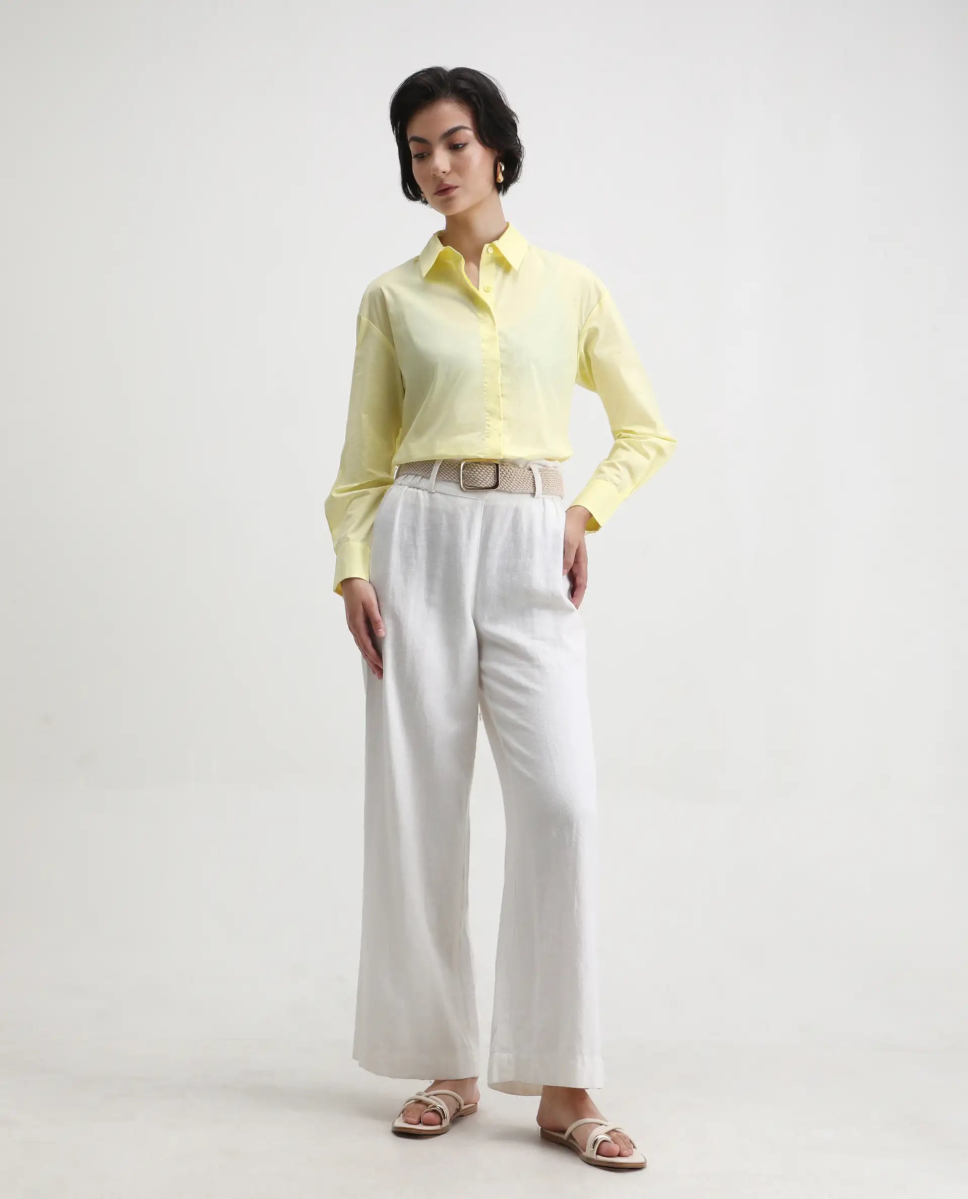Rareism Women's Fuhu Yellow Cotton Spread Collar Plain Cuffed Sleeve Regular Fit Shirt