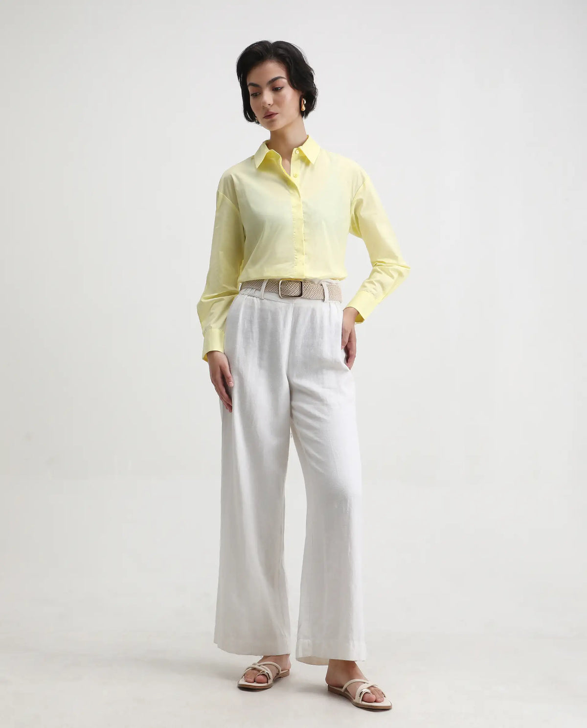 Rareism Women's Fuhu Yellow Cotton Spread Collar Plain Cuffed Sleeve Regular Fit Shirt