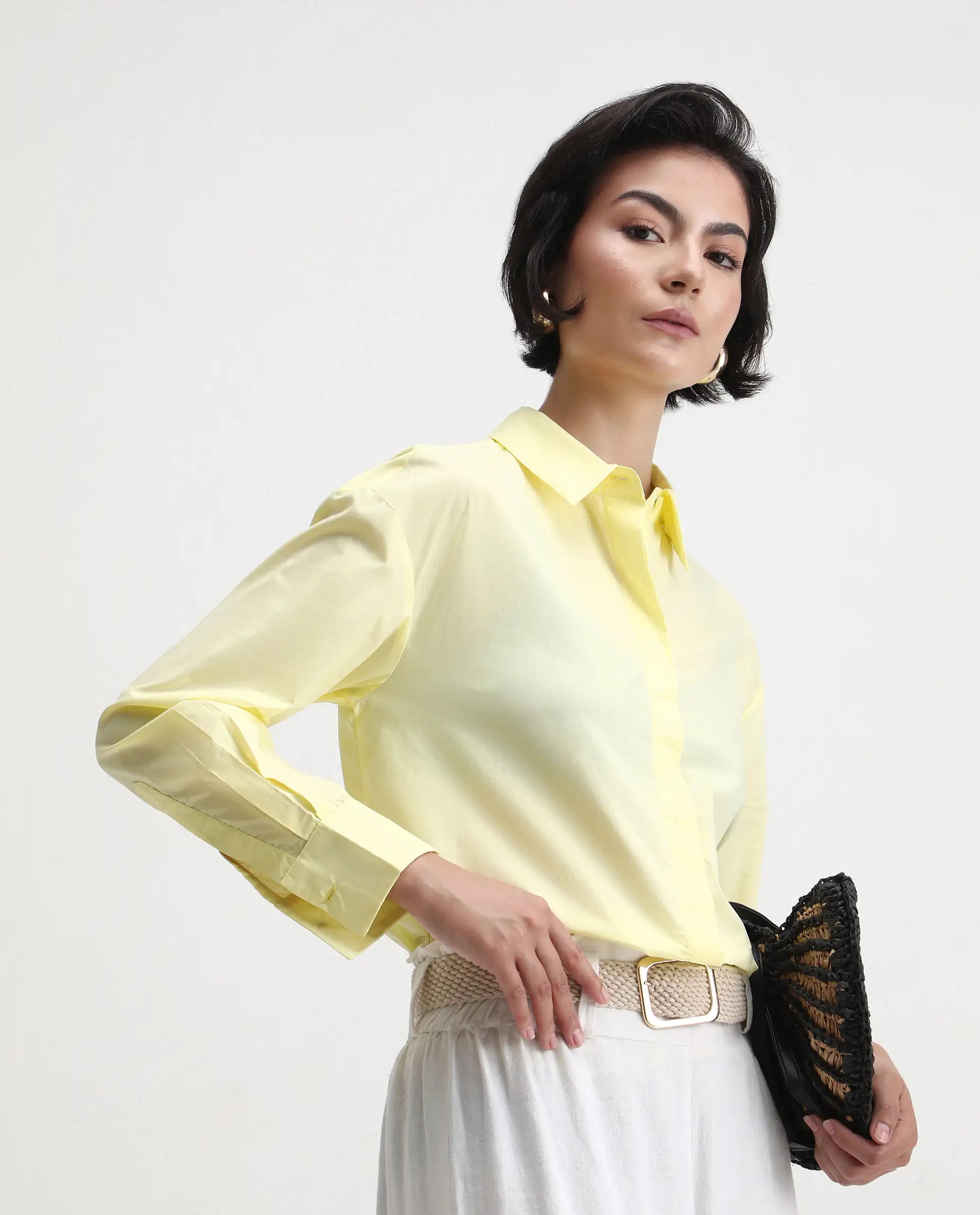 Rareism Women's Fuhu Yellow Cotton Spread Collar Plain Cuffed Sleeve Regular Fit Shirt