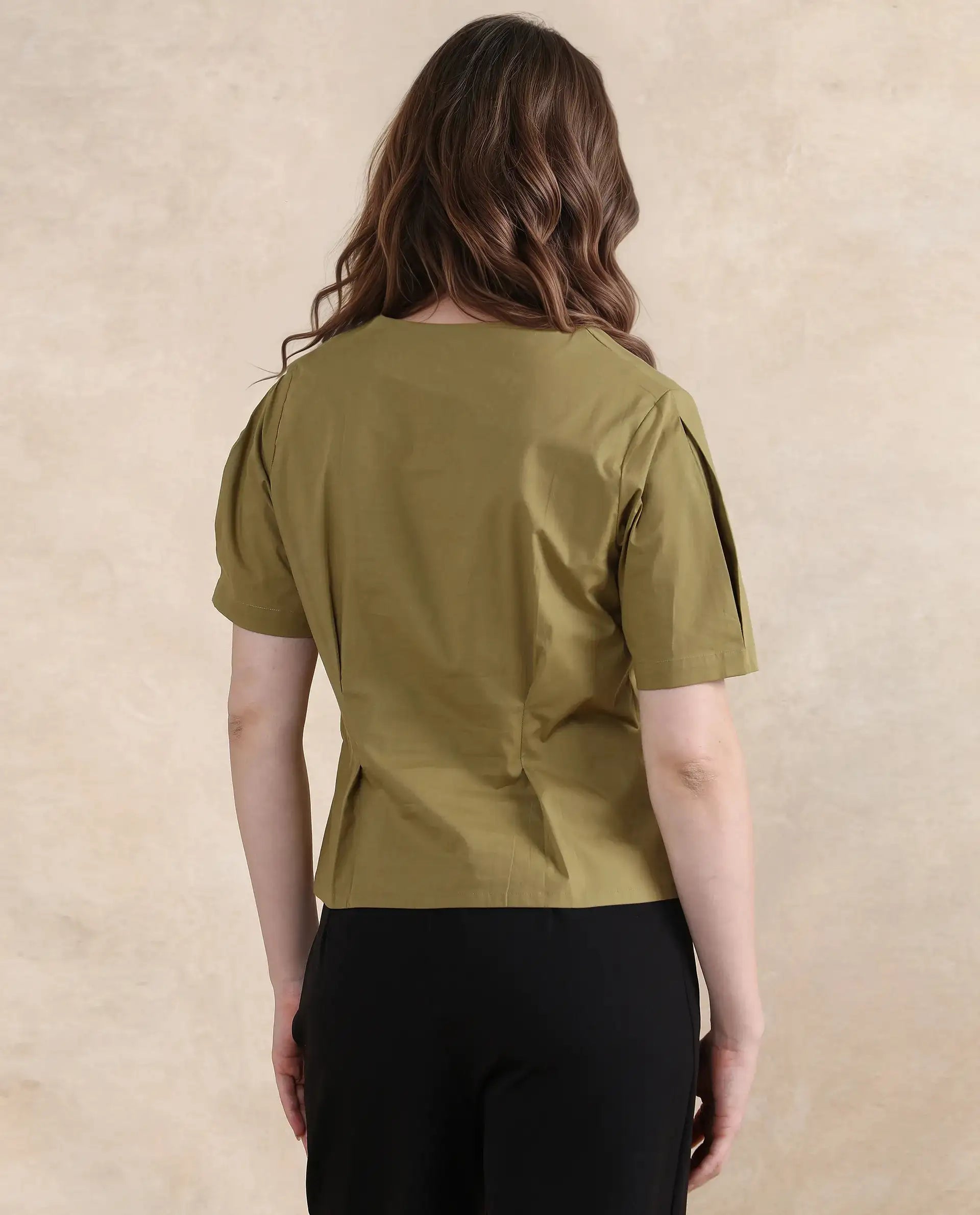 Rareism Women's Funit Dusky Olive Cotton Blend V-Neck Plain Fashion Sleeve Crop Regular Fit Top