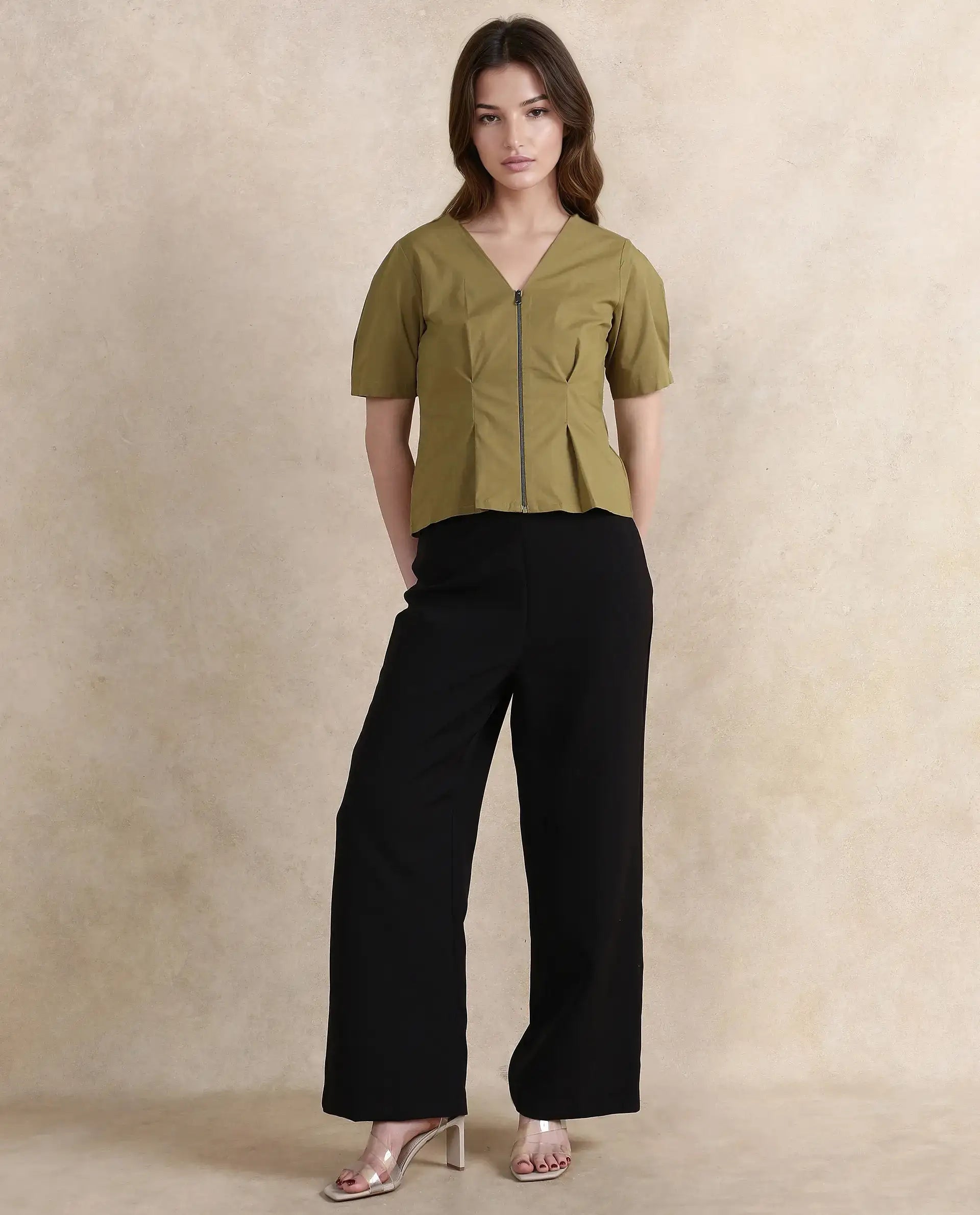 Rareism Women's Funit Dusky Olive Cotton Blend V-Neck Plain Fashion Sleeve Crop Regular Fit Top