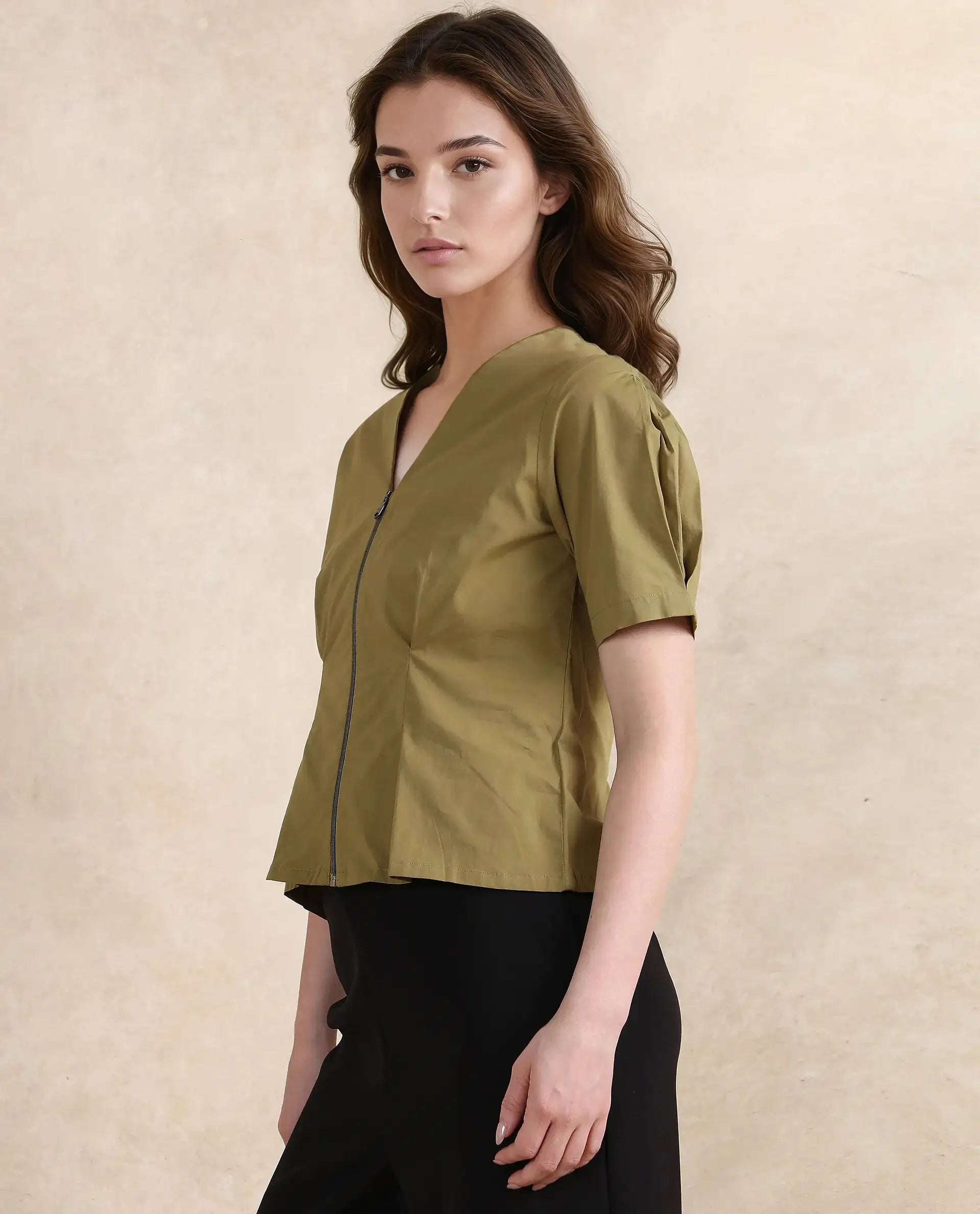 Rareism Women's Funit Dusky Olive Cotton Blend V-Neck Plain Fashion Sleeve Crop Regular Fit Top