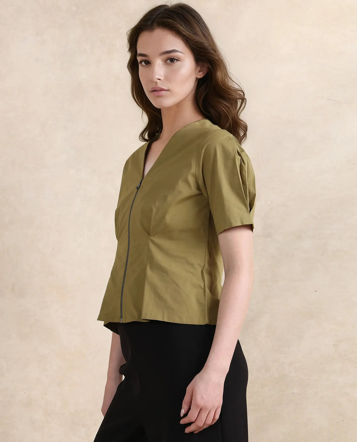 Rareism Women Funit Dusky Olive Cotton Fabric Fashion Sleeve V-Neck Zipper Closure Cropped Plain Top