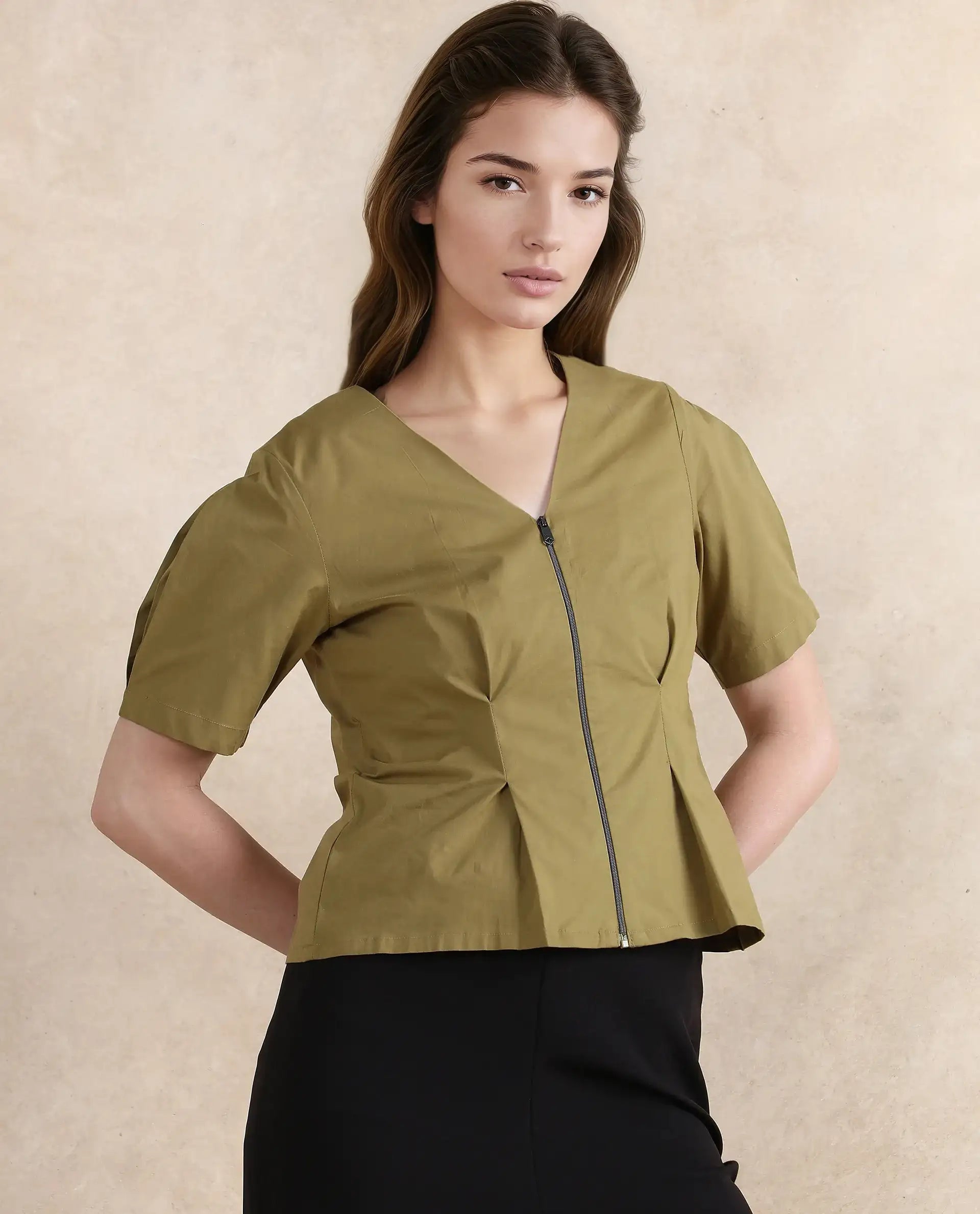 Rareism Women's Funit Dusky Olive Cotton Blend V-Neck Plain Fashion Sleeve Crop Regular Fit Top